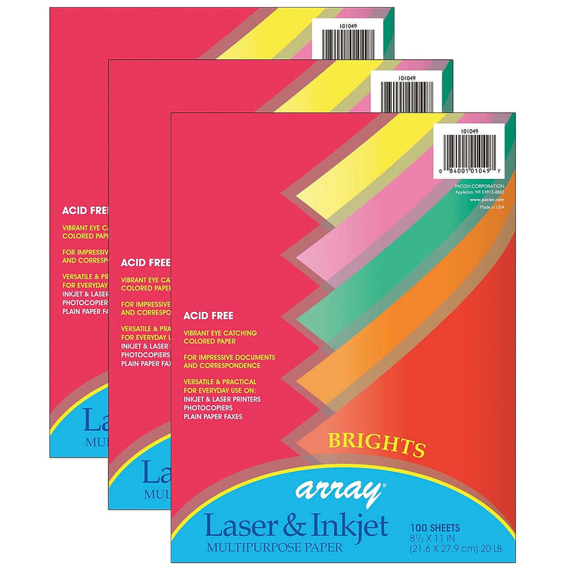 Pacon 8.5" x 11" Multipurpose Colored Paper, 20 lb., Assorted Brights, 100 Sheets Per Pack/3 Packs (PAC101049-3)