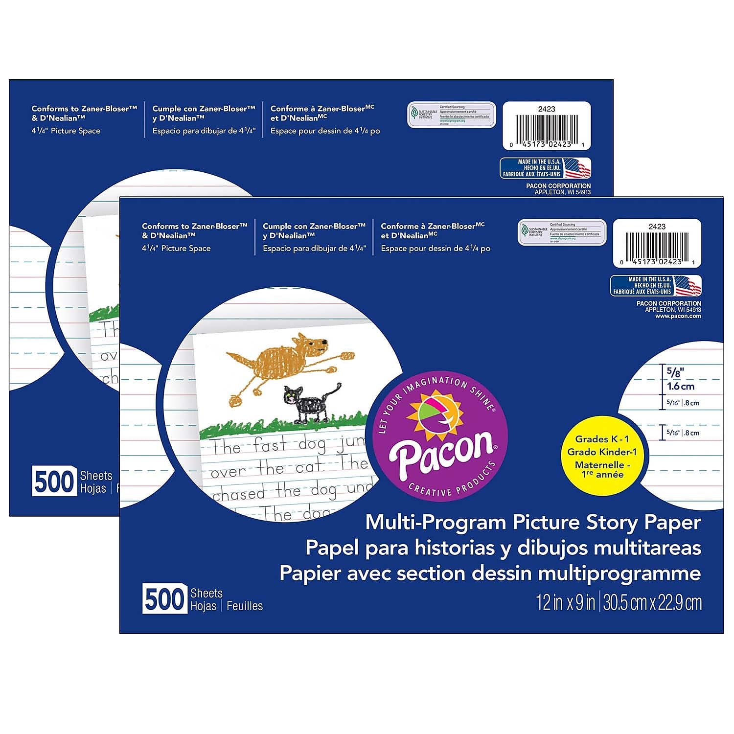 Pacon Multi-Program Picture Story Paper, 9" x 12", White, 500 Sheets/Pack, 2/Pack (PAC2423-2)