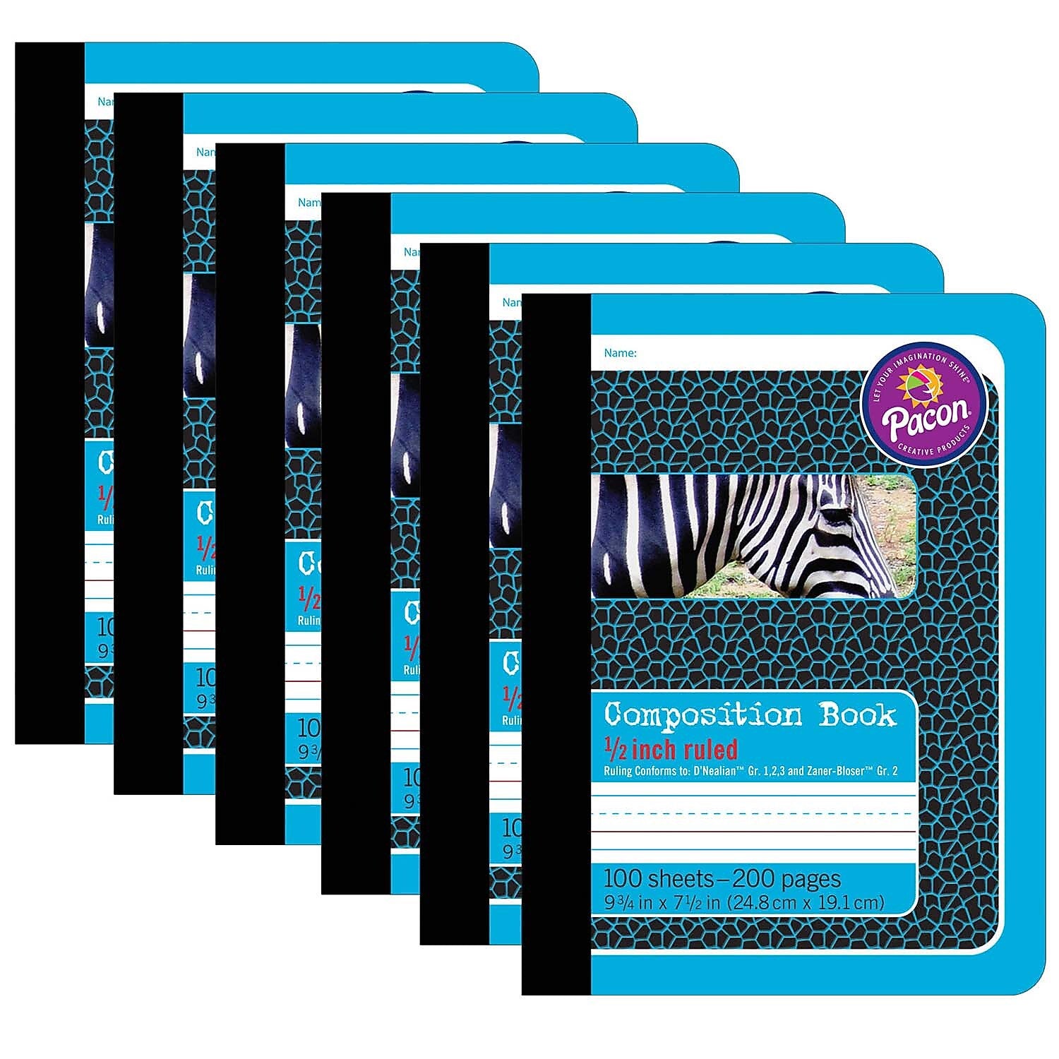 Pacon Composition Notebooks, 9.75" x 7.5", Primary Ruled, 100 Sheets, Blue Zebra, 6/Bundle (PAC2425-6)