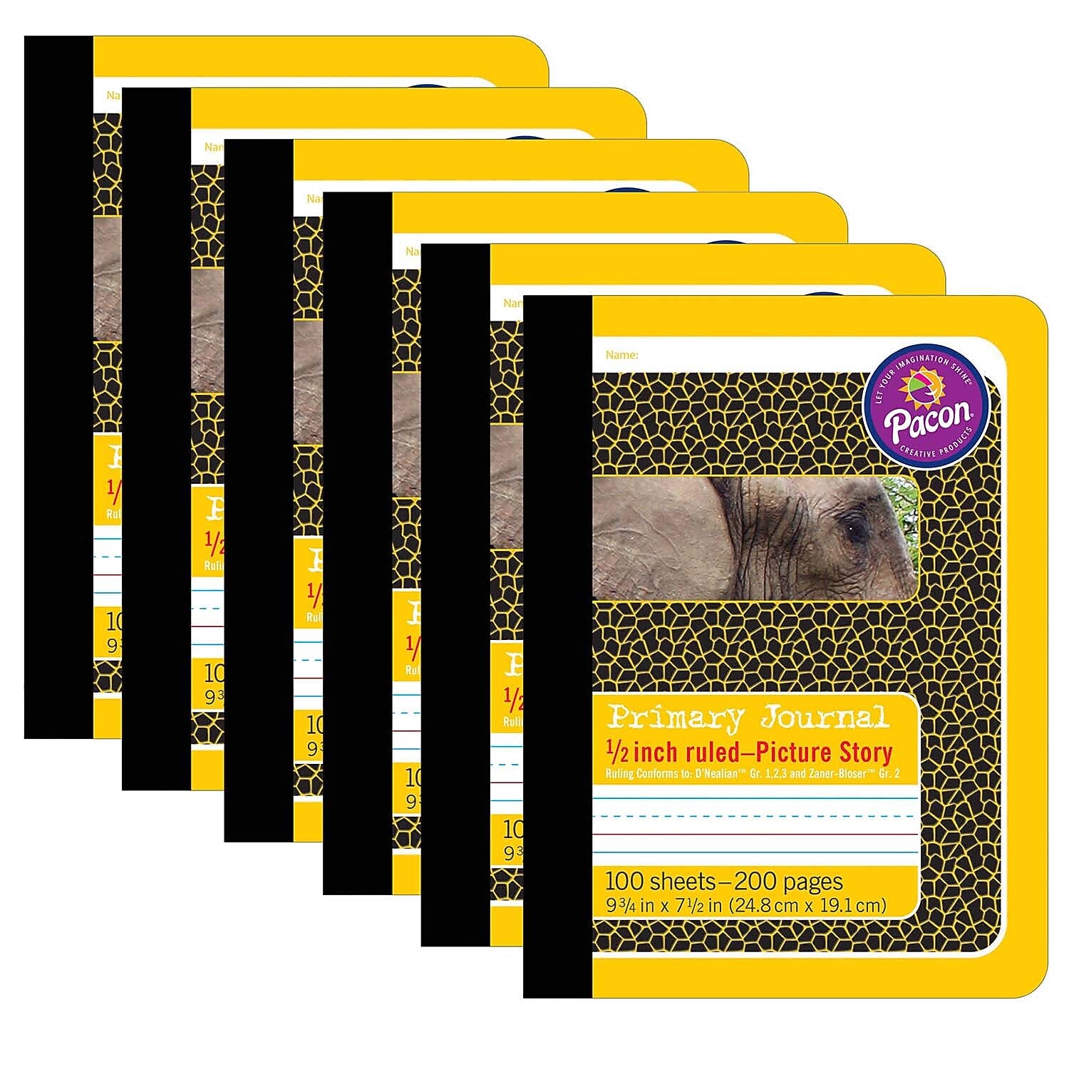 Pacon Composition Notebooks, 9.75" x 7.5", Primary Ruled, 100 Sheets, Yellow Elephant, 6/Bundle (PAC2426-6)