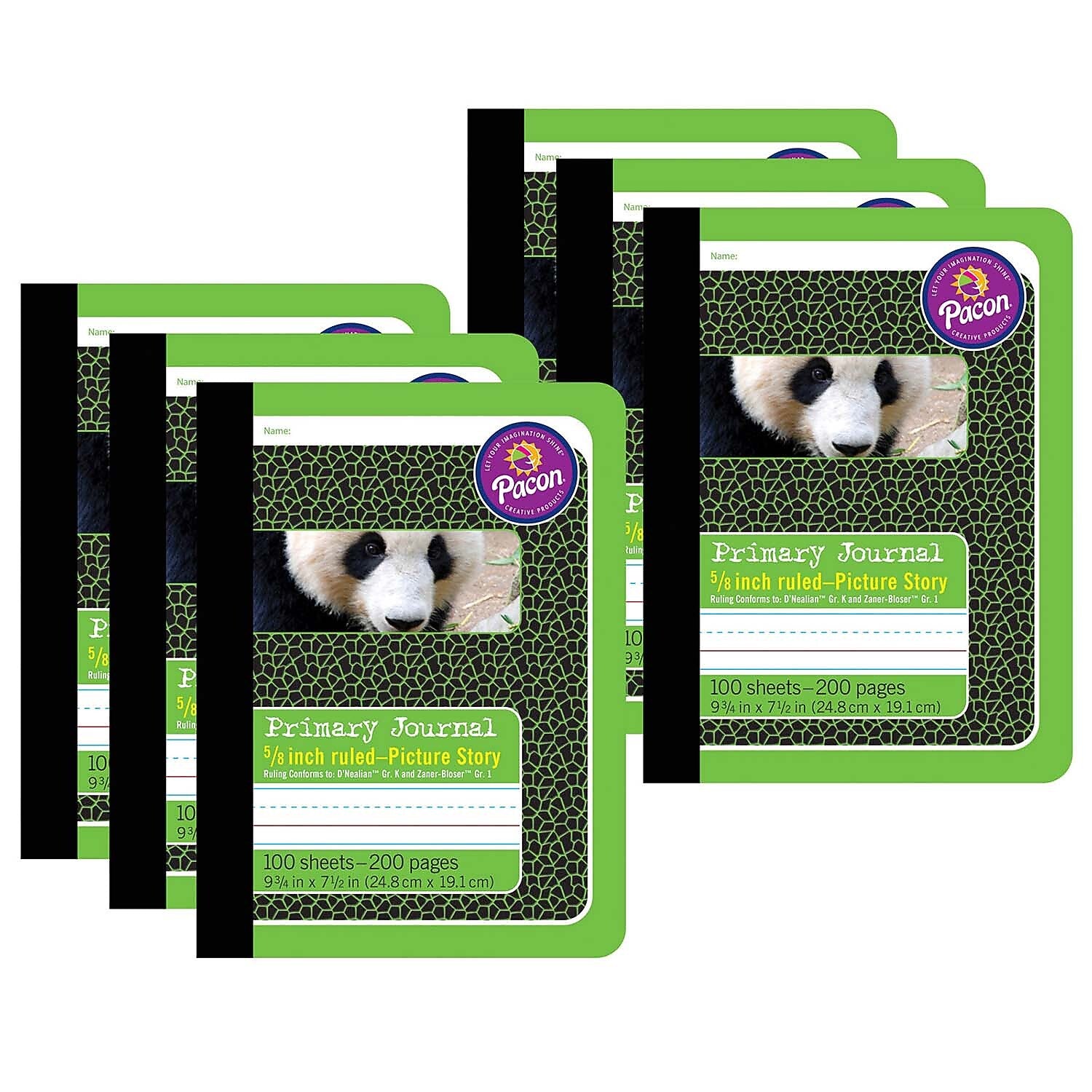 Pacon Composition Notebooks, 9.75" x 7.5", Primary Ruled, 100 Sheets, Green Panda, 6/Bundle (PAC2428-6)