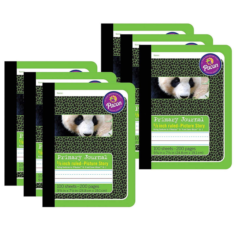 Pacon Composition Notebooks, 9.75" x 7.5", Primary Ruled, 100 Sheets, Green Panda, 6/Bundle (PAC2428-6)