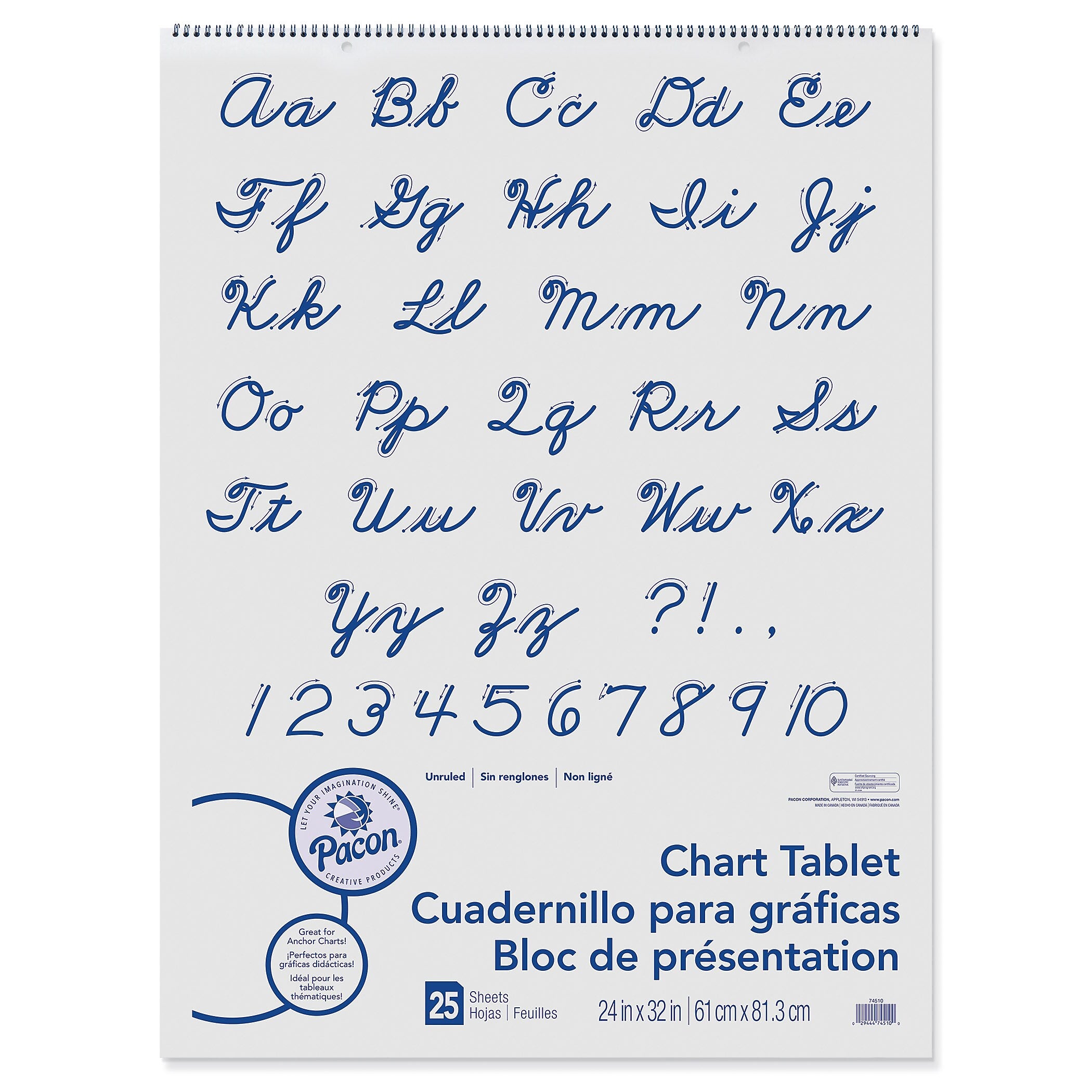 Pacon Unruled Cursive Cover Chart Tablet Easel Pad, 24" x 32", White, 25 Sheets/Pad, Pack of 2 (PAC74510-2)