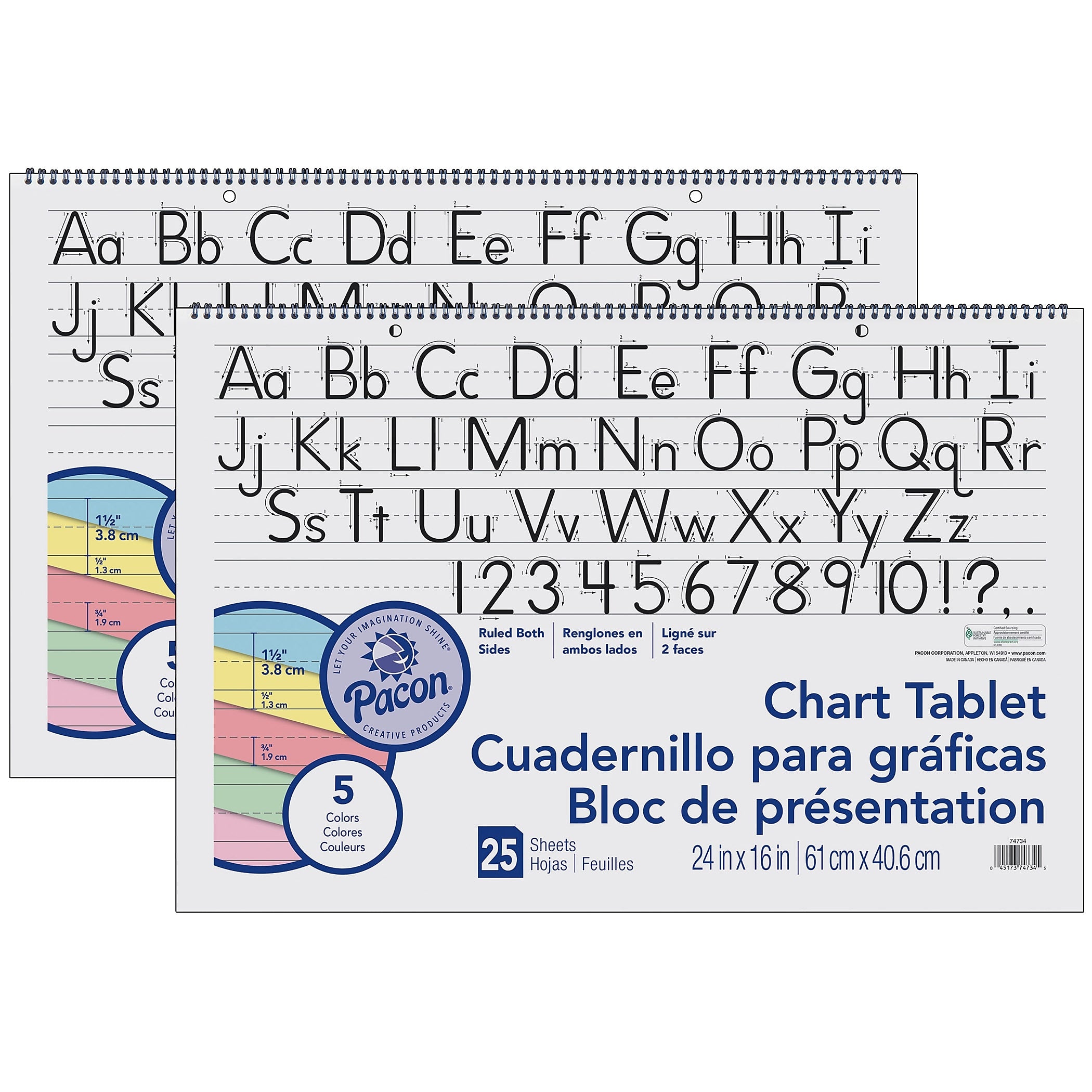 Pacon Easel Pad, 24" x 16", Primary Lined, 25 Sheets/Pad, 2 Pads/Bundle (PAC74734-2)