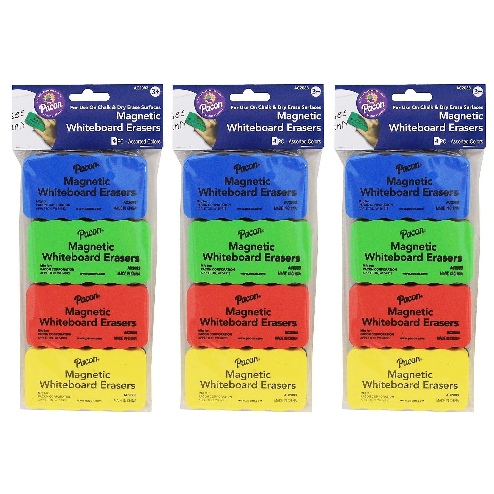 Pacon Magnetic Chalk & Whiteboard Eraser, 2.25" x 4.25", 4 Assorted Colors, 4 Erasers Per Pack, 3 Packs (PACAC2083-3)
