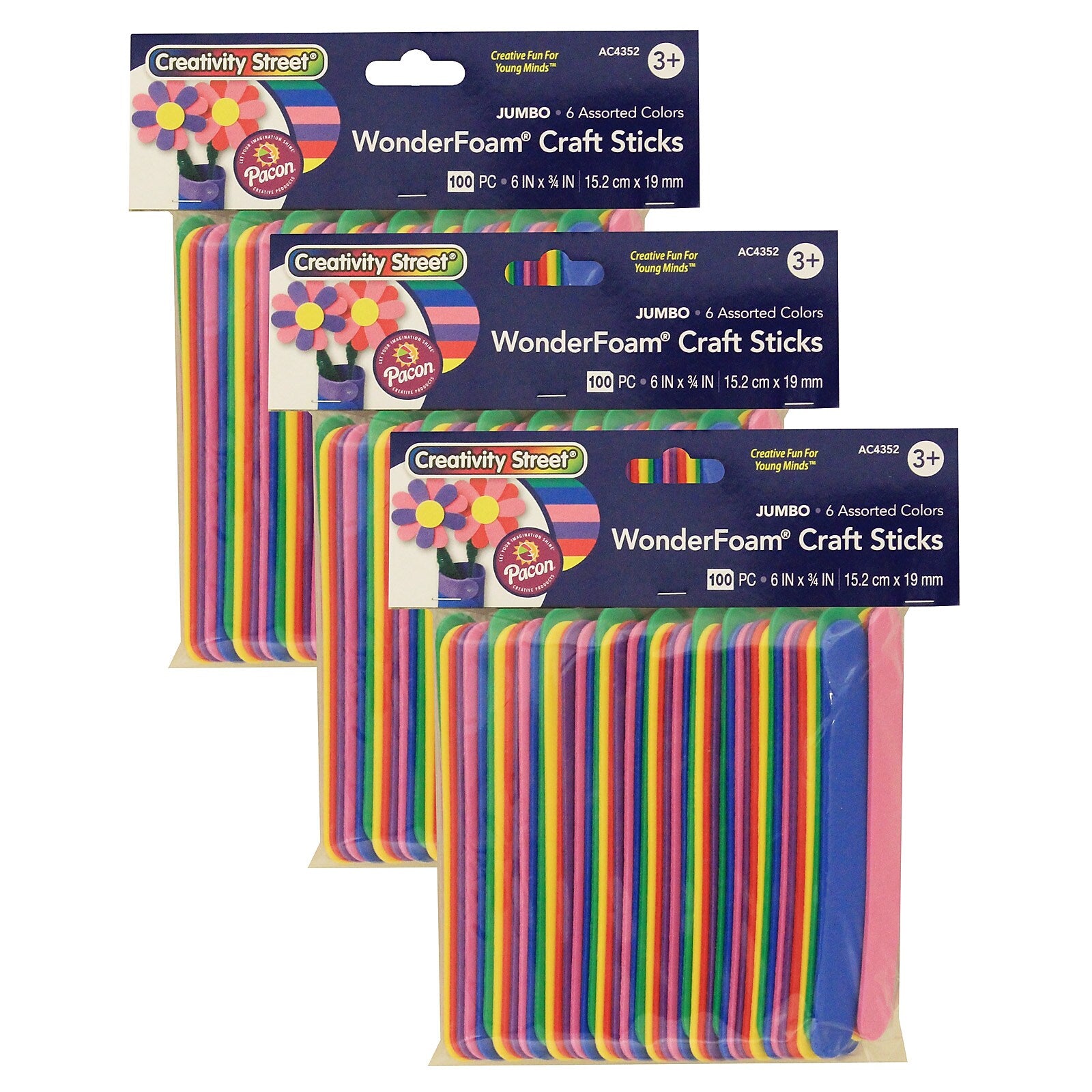 Creativity Street WonderFoam Jumbo Craft Sticks, Assorted Colors, 6" x 3/4", 100/Pack, 3 Packs (PACAC4352-3)