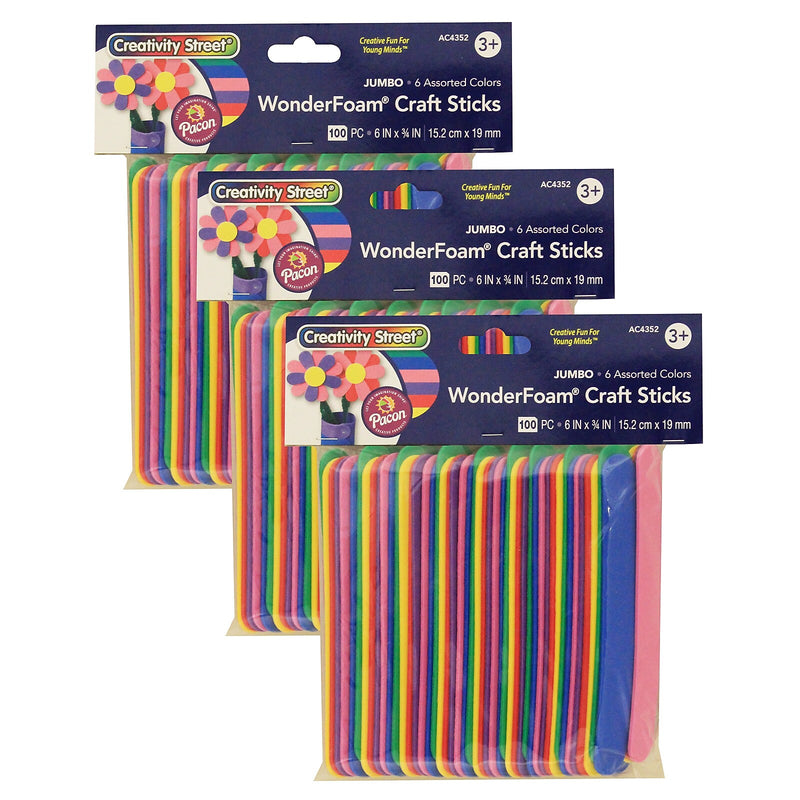 Creativity Street WonderFoam Jumbo Craft Sticks, Assorted Colors, 6" x 3/4", 100/Pack, 3 Packs (PACAC4352-3)