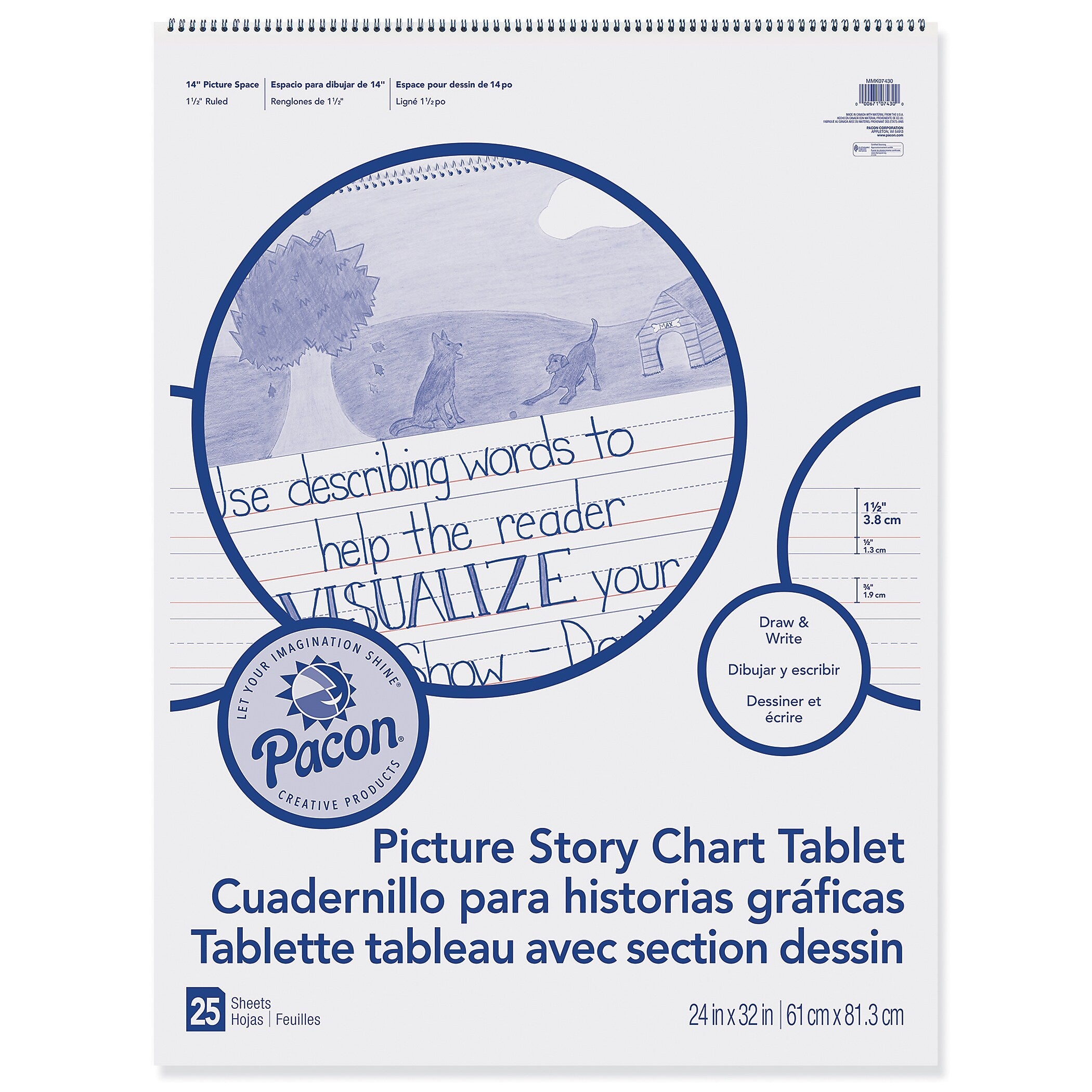 Pacon Picture Story Chart Tablet, White, Ruled Short, 1-1/2" Ruled, 24" x 32", 25 Sheets Per Pack, 2 Packs (PACMMK07430-2)