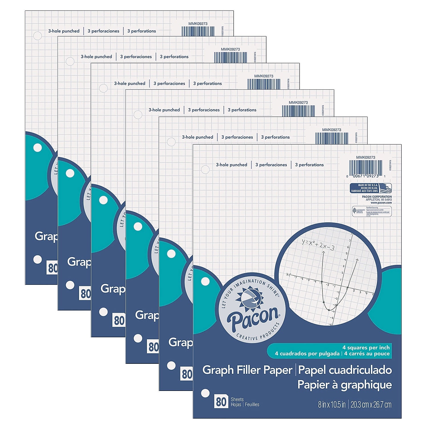 Pacon Graph Paper, 8" x 10.5", 3-Hole Punched, 80 Sheets/Pack, 6/Bundle (PACMMK09273-6)