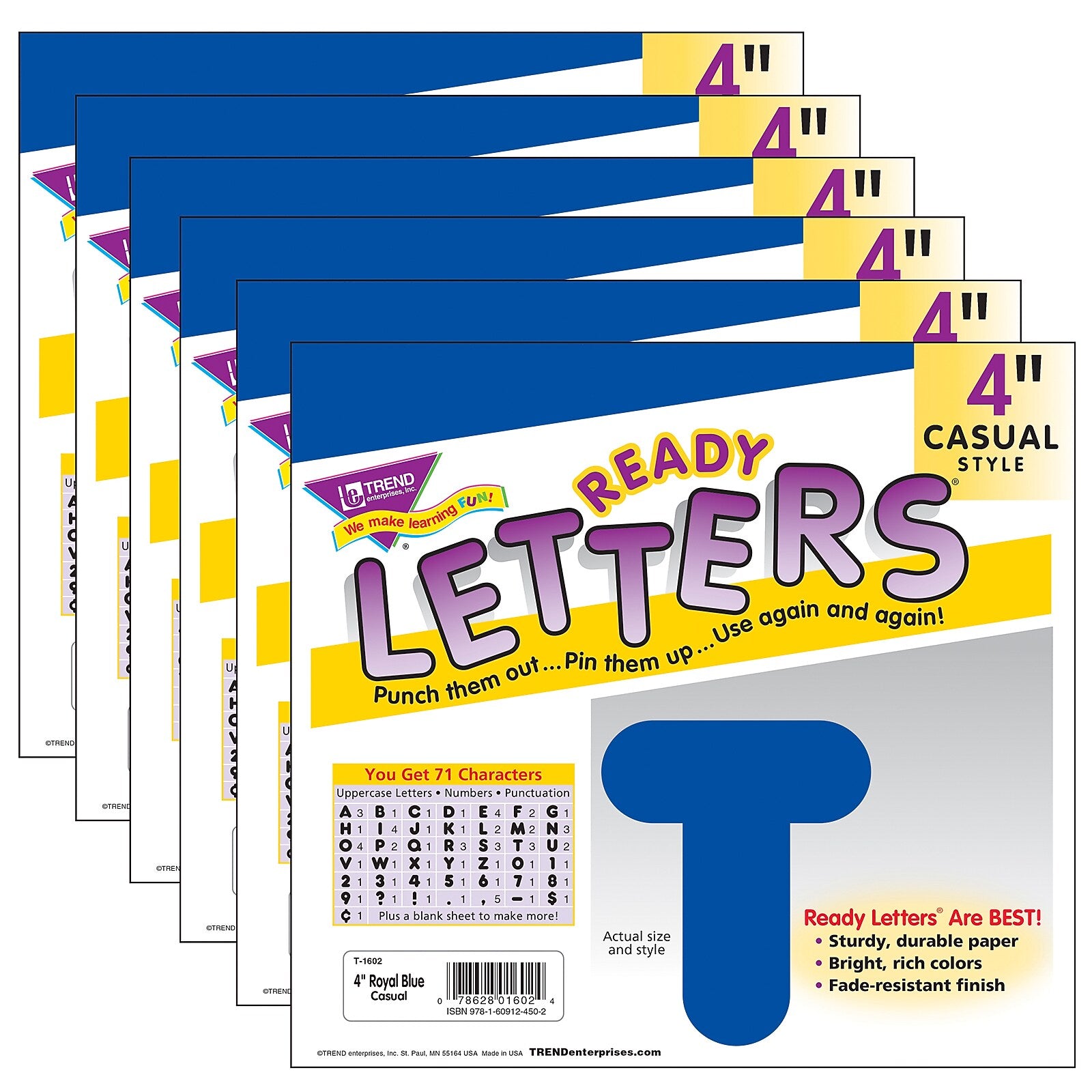 TREND 4" Casual Uppercase Ready Letters, Blue, 71 Characters/Pack, 6 Packs (T-1602-6)