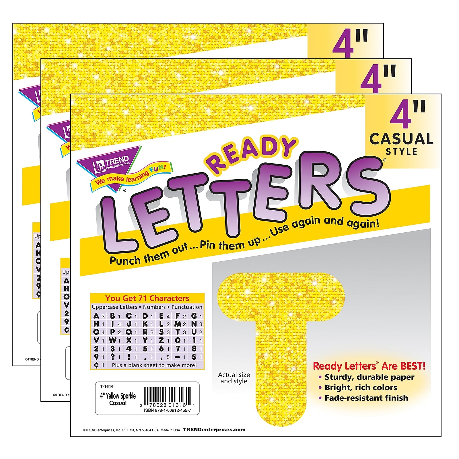 TREND 4" Sparkle Casual Uppercase Ready Letters, Yellow, 71/Pack, 3 Packs (T-1616-3)