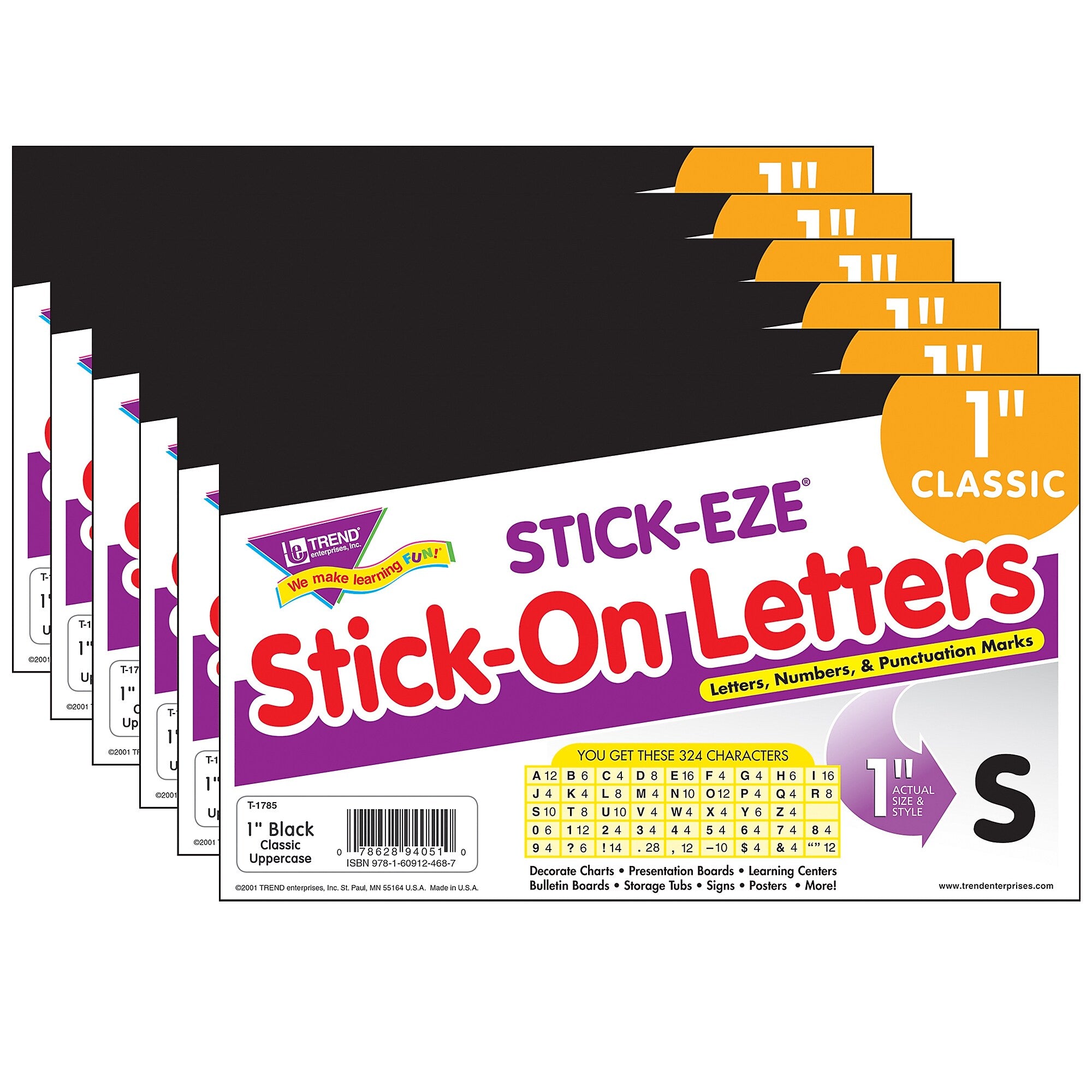 TREND 1" STICK-EZE® Stick-On Letters, Black, 324 Pieces Per Pack, 6 Packs (T-1785-6)