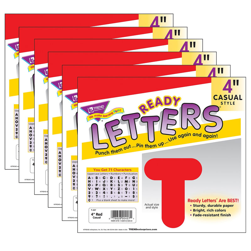TREND 4" Casual Uppercase Ready Letters, Red, 71/Pack, 6 Packs (T-457-6)