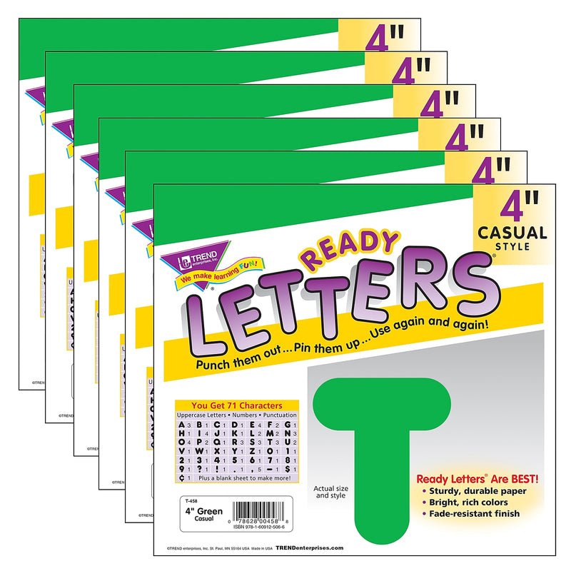 TREND 4" Casual Uppercase Ready Letters, Green, 71/Pack, 6 Packs (T-458-6)