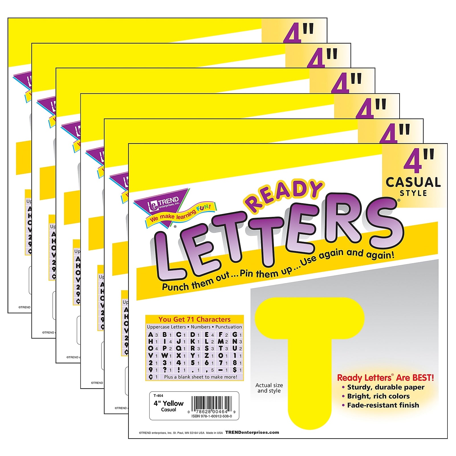 TREND 4" Casual Uppercase Ready Letters, Yellow, 71/Pack, 6 Packs (T-464-6)