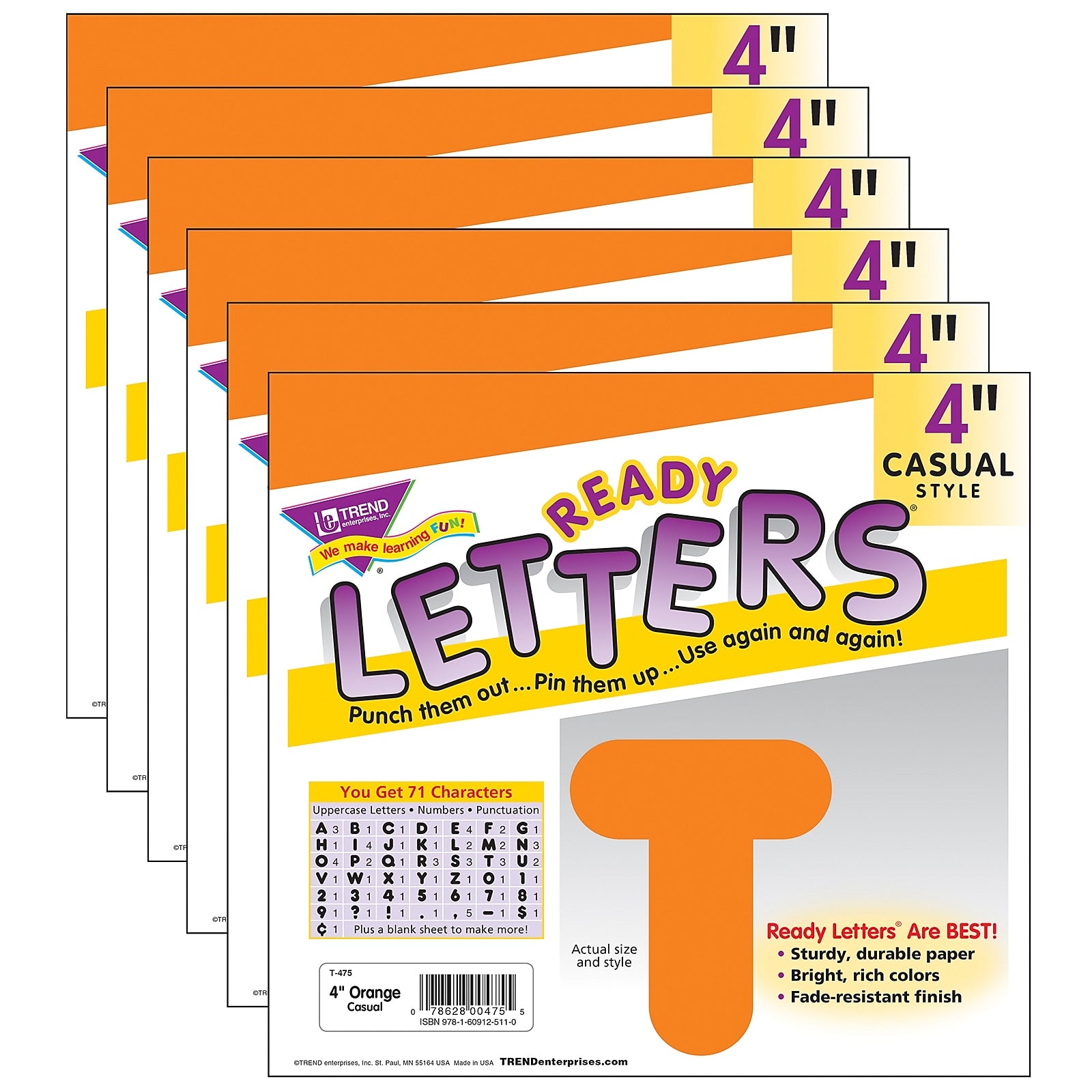 TREND 4" Casual Uppercase Ready Letters, Orange, 71/Pack, 6 Packs (T-475-6)