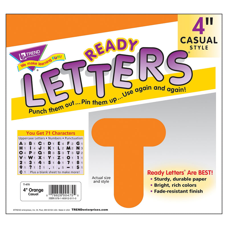 TREND 4" Casual Uppercase Ready Letters, Orange, 71/Pack, 6 Packs (T-475-6)