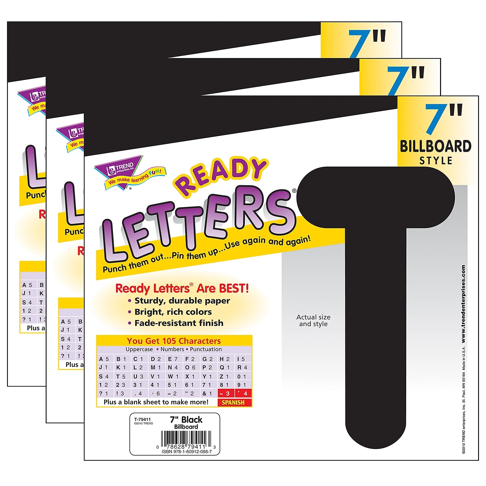 TREND 7" Billboard Uppercase Ready Letters, Black, 105/Pack, 3 Packs (T-79411-3)