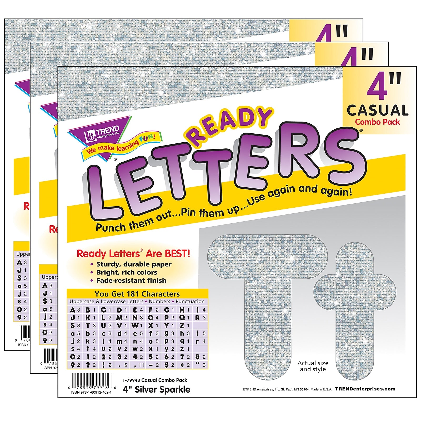 TREND 4" Sparkle Casual Combo Ready Letters, Silver, 182/Pack, 3 Packs (T-79943-3)
