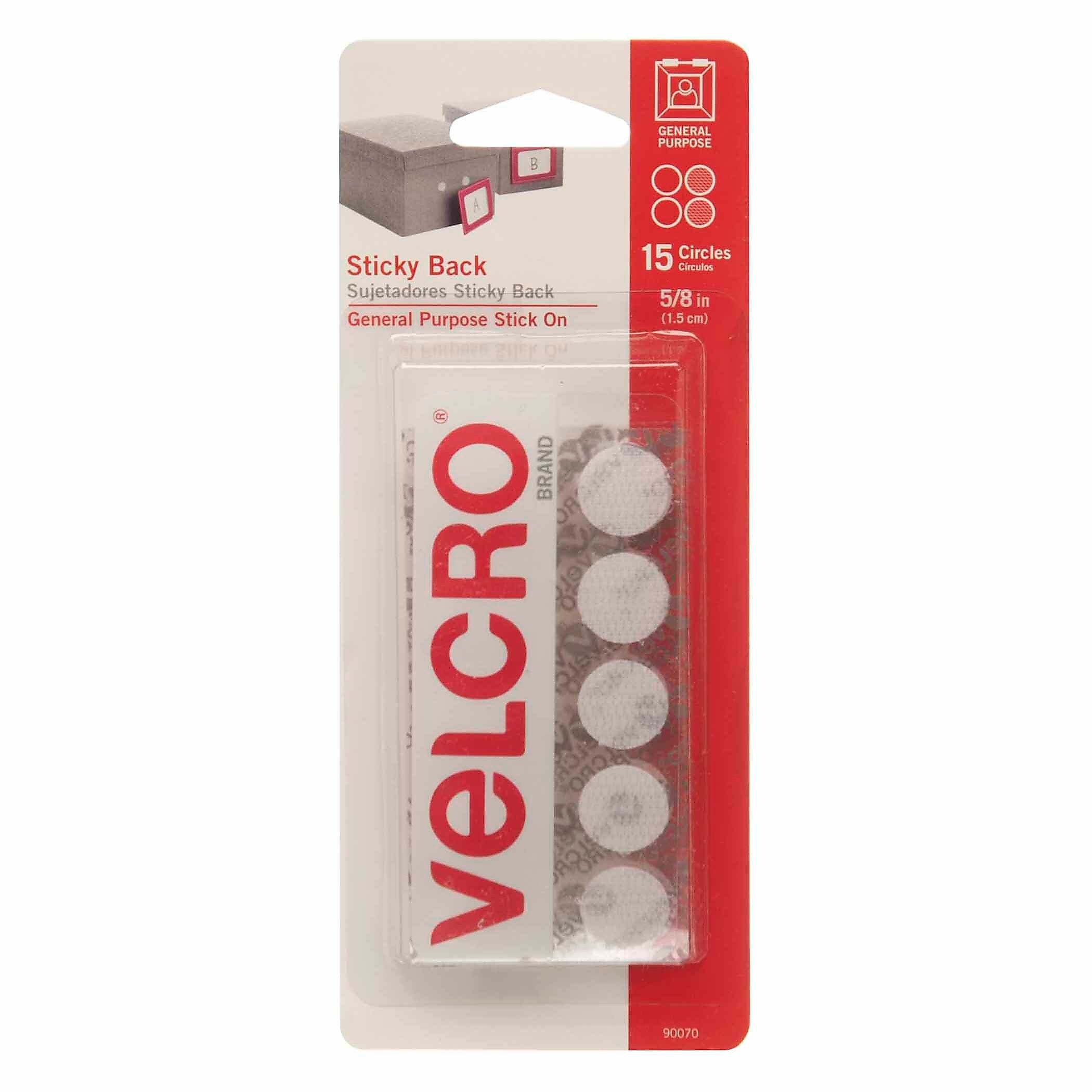 VELCRO® Sticky Back™ 5/8" Diameter, Round Hook & Loop Fastener, White, 15 Per Pk/6 Sets (VEC90070-6)