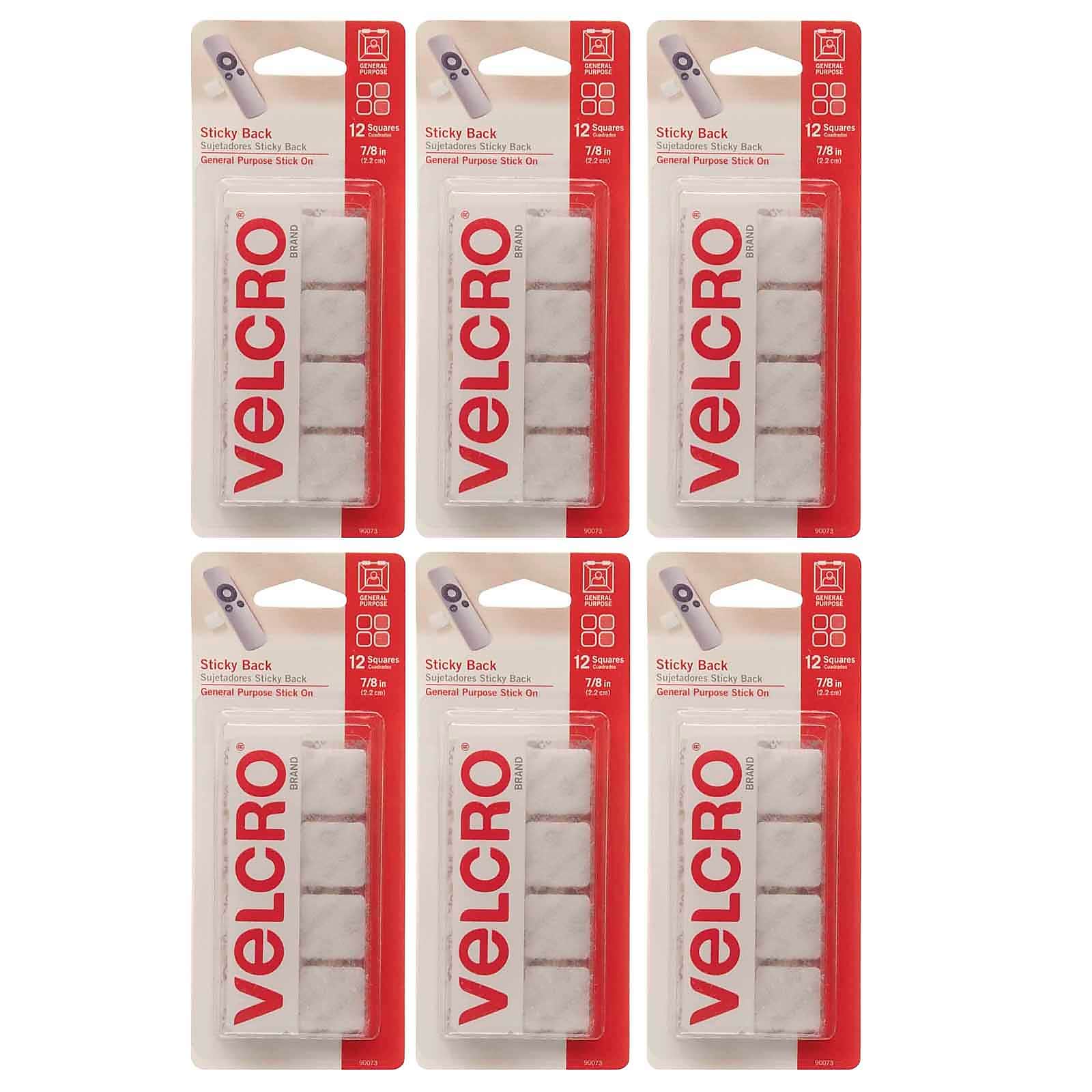 Velcro® Sticky Back Square Hook & Loops Fasteners, 7/8" x 7/8", White, 12/Pack, 6 Packs/Bundle (VEC90073-6)