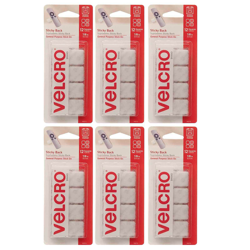 Velcro® Sticky Back Square Hook & Loops Fasteners, 7/8" x 7/8", White, 12/Pack, 6 Packs/Bundle (VEC90073-6)