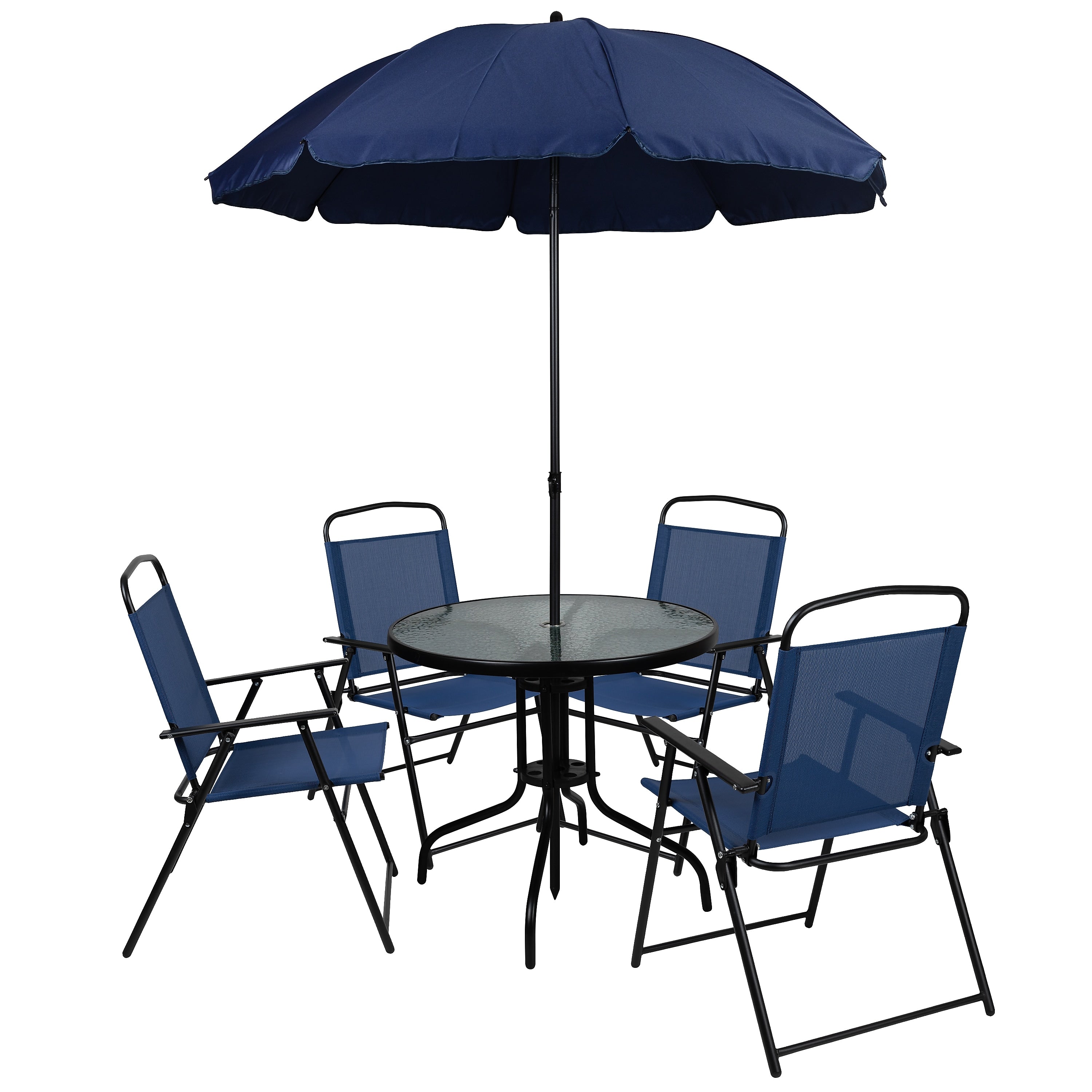Flash Furniture Nantucket Patio Garden Set with Umbrella Table and Folding Chairs, Navy, 6/Set (GM202012NV)