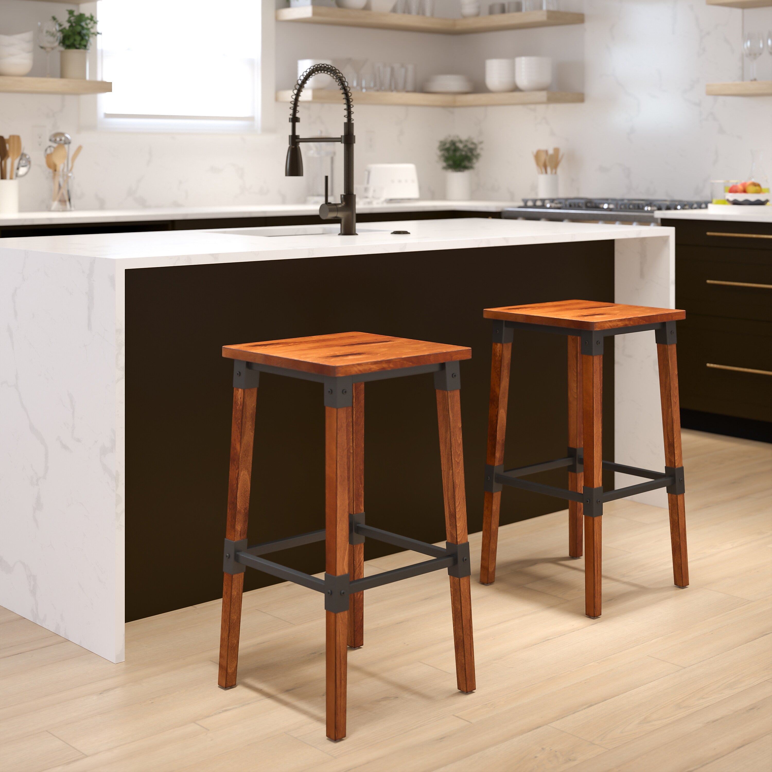 Flash Furniture Jackson Industrial Wood Dining Barstool without Back, Rustic Antique Walnut, 2-Pieces/Pack (2XUDGW0247B)