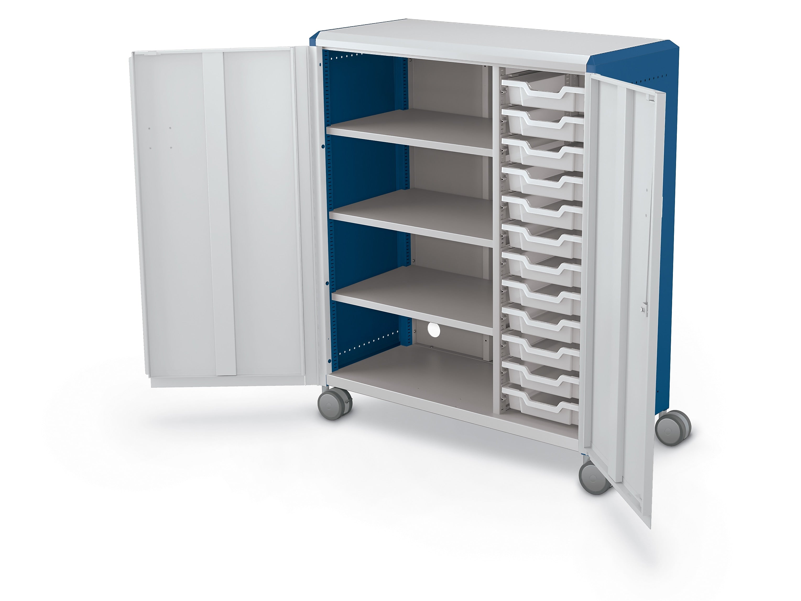 MooreCo Compass Maxi H3 Mobile 16-Section Storage Cabinet, 51.13"H x 41.88"W x 19.13"D, Platinum/Navy Metal (C3A1J2A1X2)