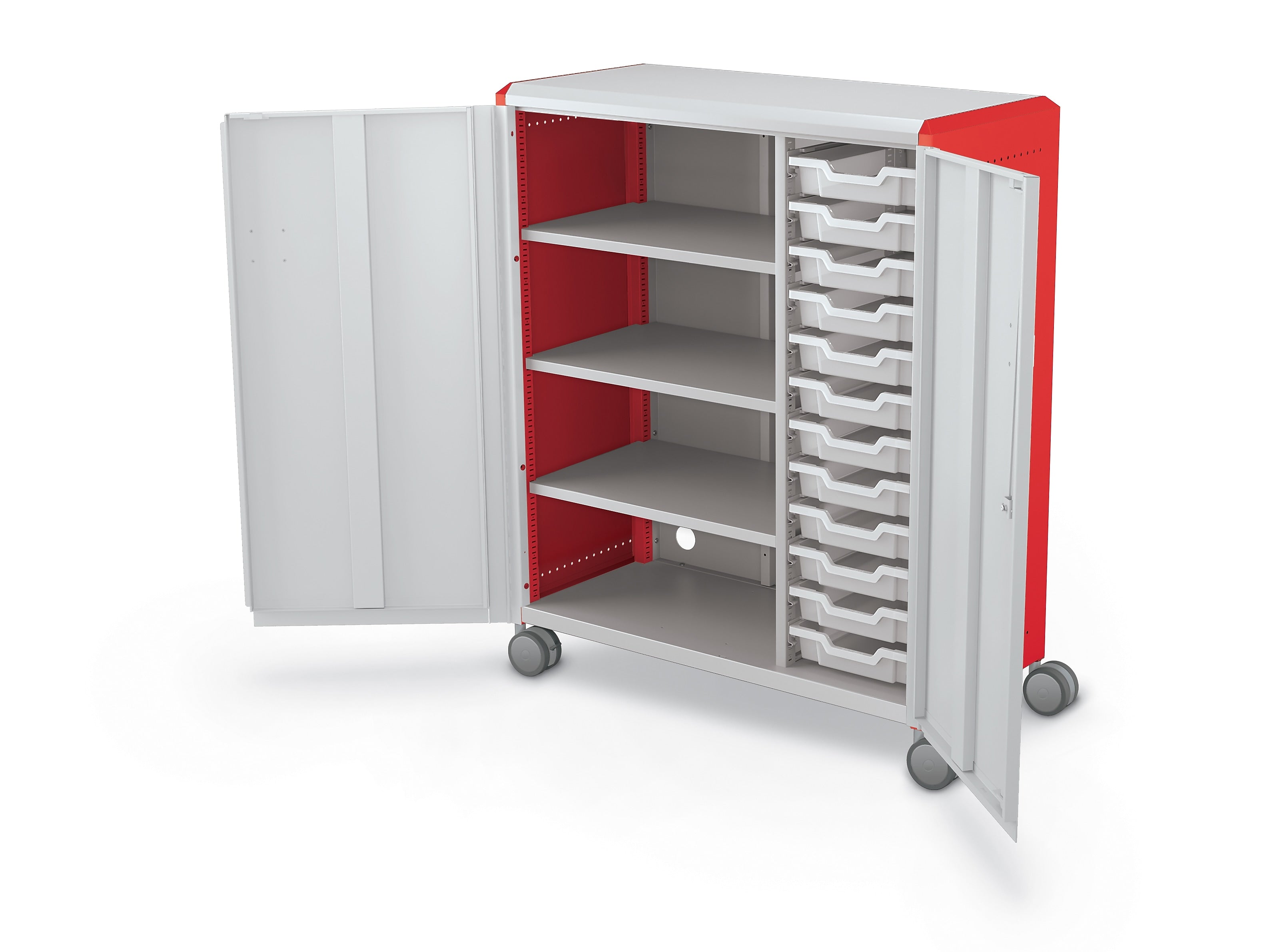 MooreCo Compass Maxi H3 Mobile 16-Section Storage Cabinet, 51.13"H x 41.88"W x 19.13"D, Platinum/Red Metal (C3A1C2A1X2)