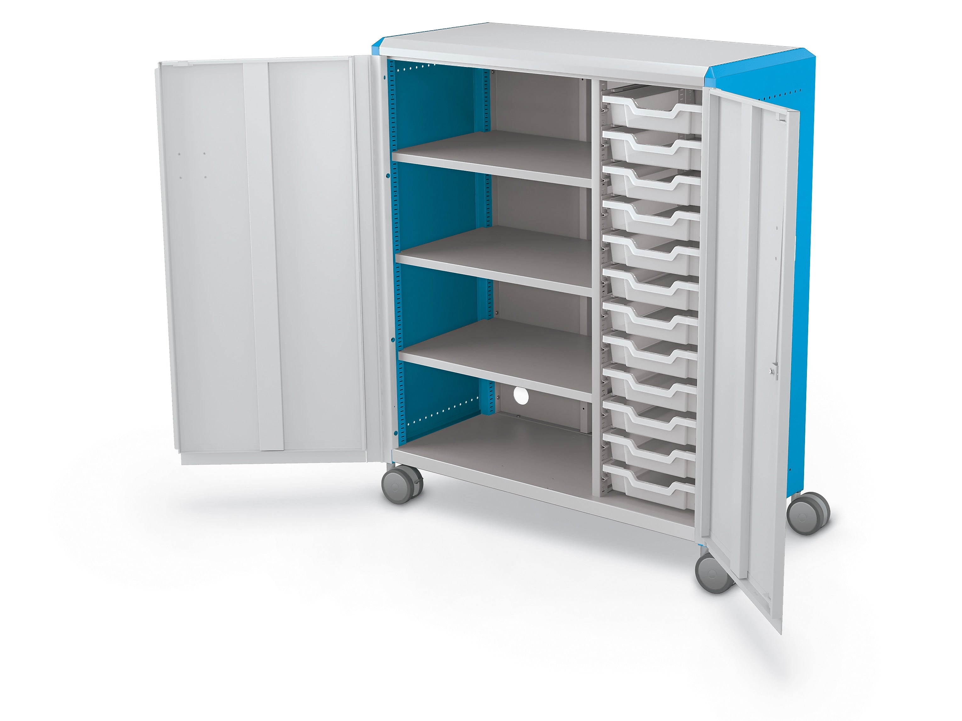 MooreCo Compass Maxi H3 Mobile 16-Section Storage Cabinet, 51.13"H x 41.88"W x 19.13"D, Platinum/Blue Metal (C3A1E2A1X2)