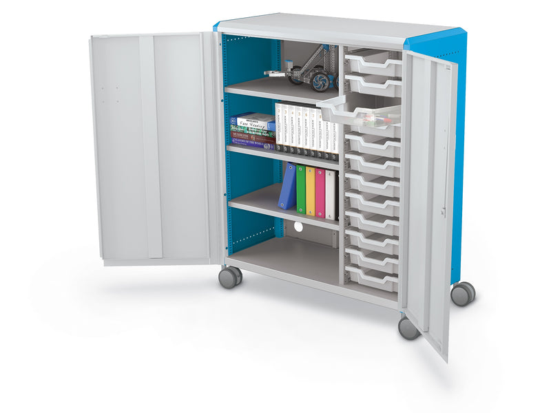 MooreCo Compass Maxi H3 Mobile 16-Section Storage Cabinet, 51.13"H x 41.88"W x 19.13"D, Platinum/Blue Metal (C3A1E2A1X2)