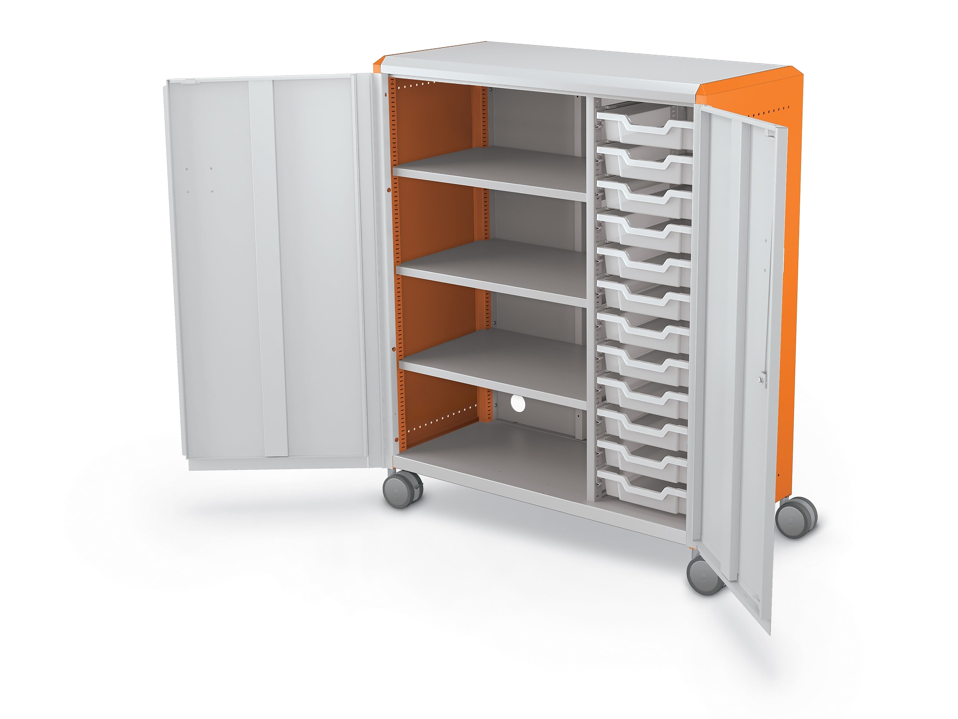 MooreCo Compass Maxi H3 Mobile 16-Section Storage Cabinet, 51.13"H x 41.88"W x 19.13"D, Platinum/Orange Metal (C3A1H2A1X2)