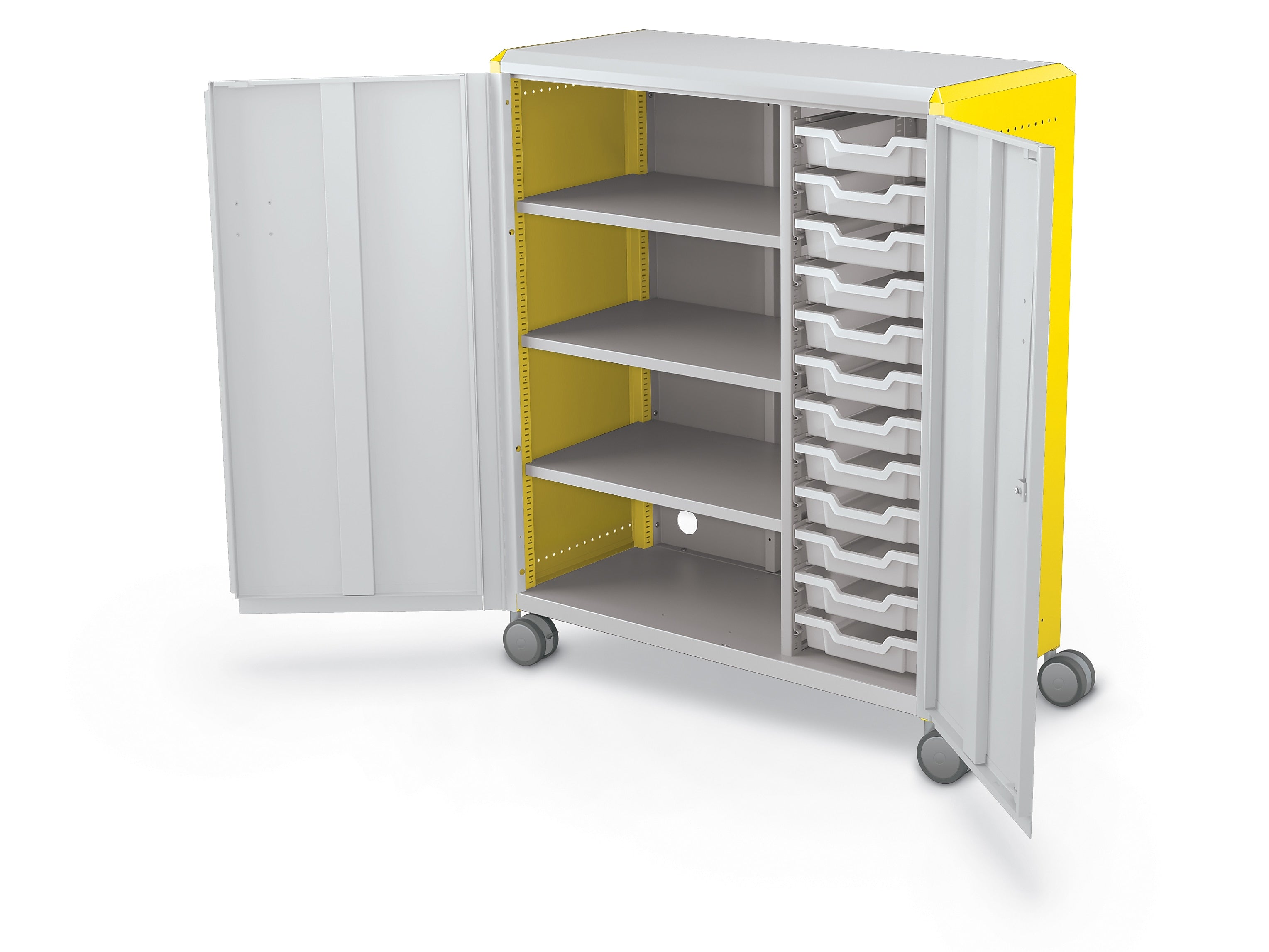 MooreCo Compass Maxi H3 Mobile 16-Section Storage Cabinet, 51.13"H x 41.88"W x 19.13"D, Platinum/Yellow Metal (C3A1G2A1X2)