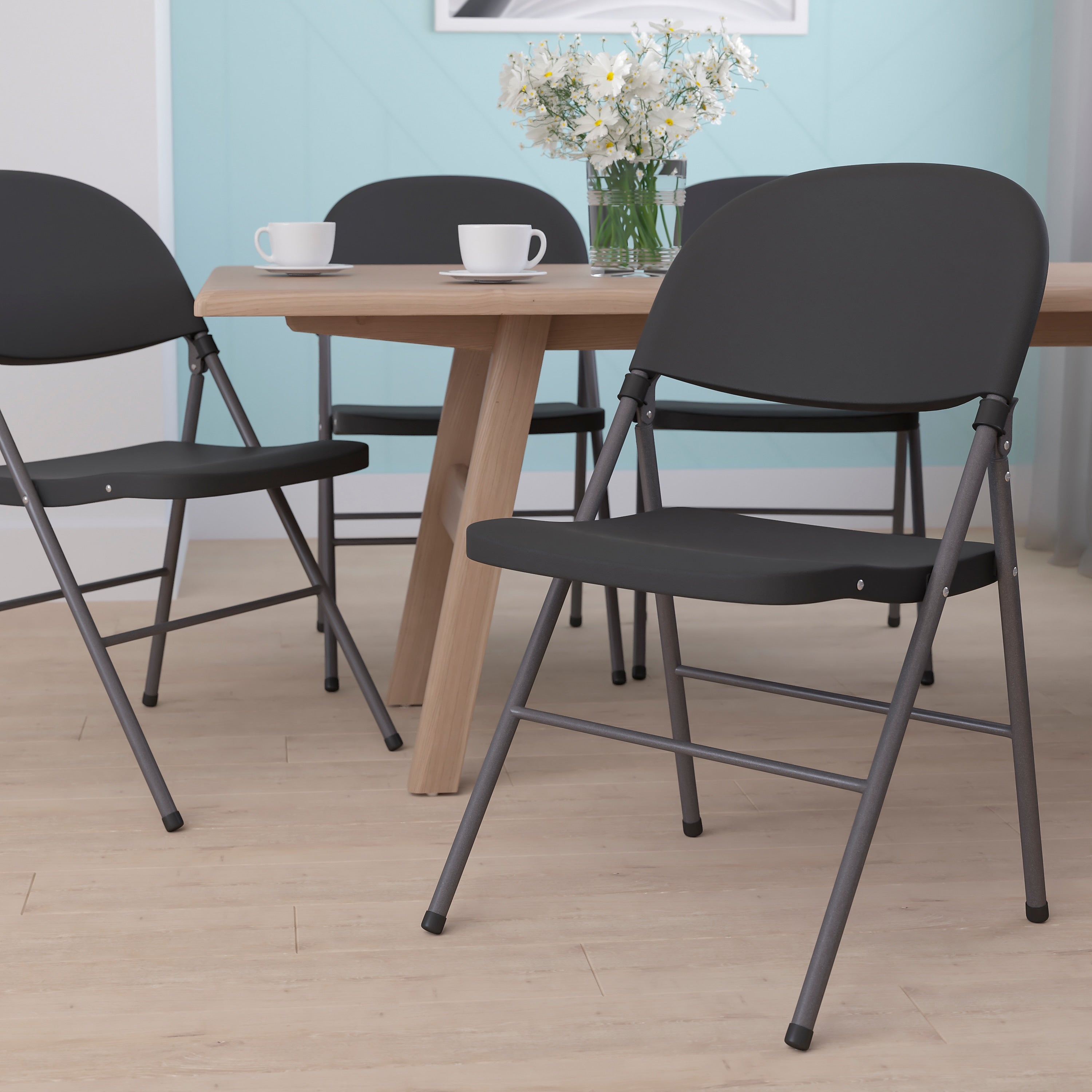 Flash Furniture HERCULES™ Plastic Armless Folding Chair With Charcoal Frame, Black, 4/Pack