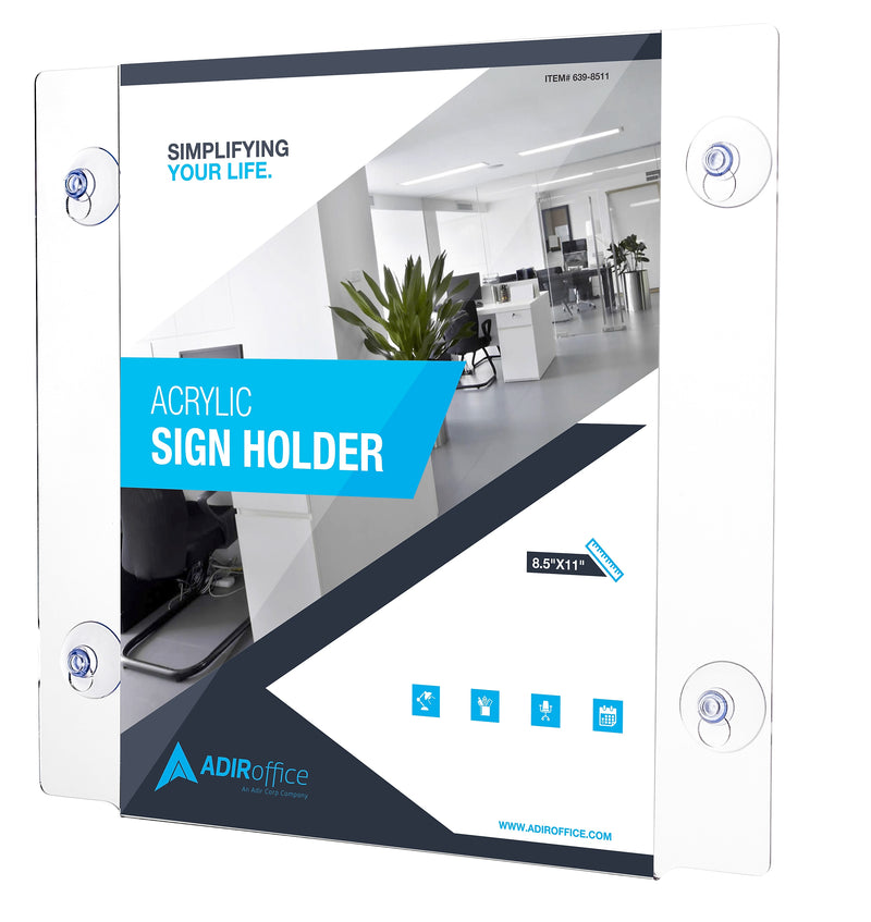 AdirOffice Window Sign Holder, 8.5" x 11", Vertical/Horizontal, Side Loading, Clear Acrylic, 12/Pack (639-8511-WSH-12)