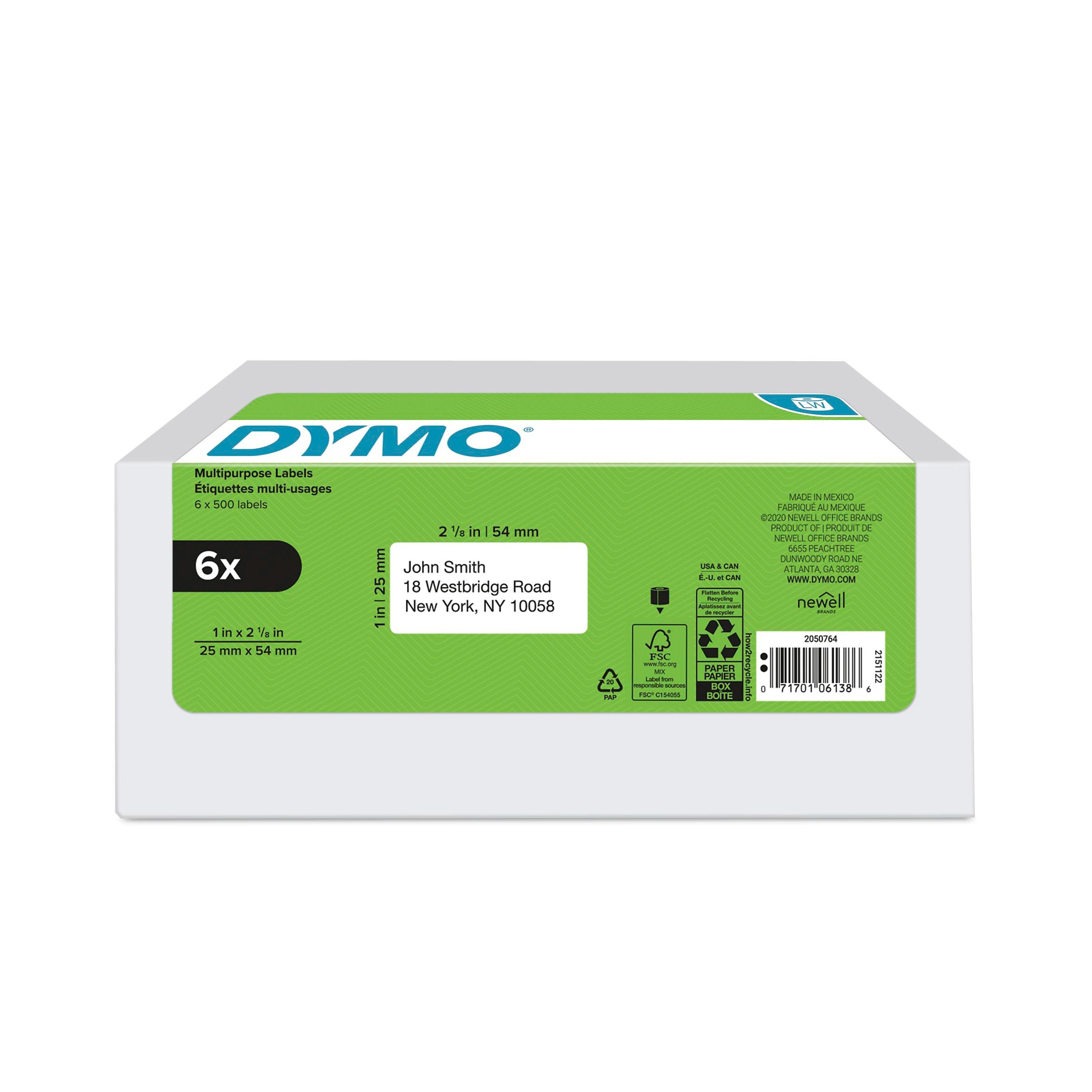 DYMO LabelWriter 2050764 Multi-Purpose Labels, 2-1/8" x 1", Black on White, 500 Labels/Roll, 6 Rolls/Box (2050764)