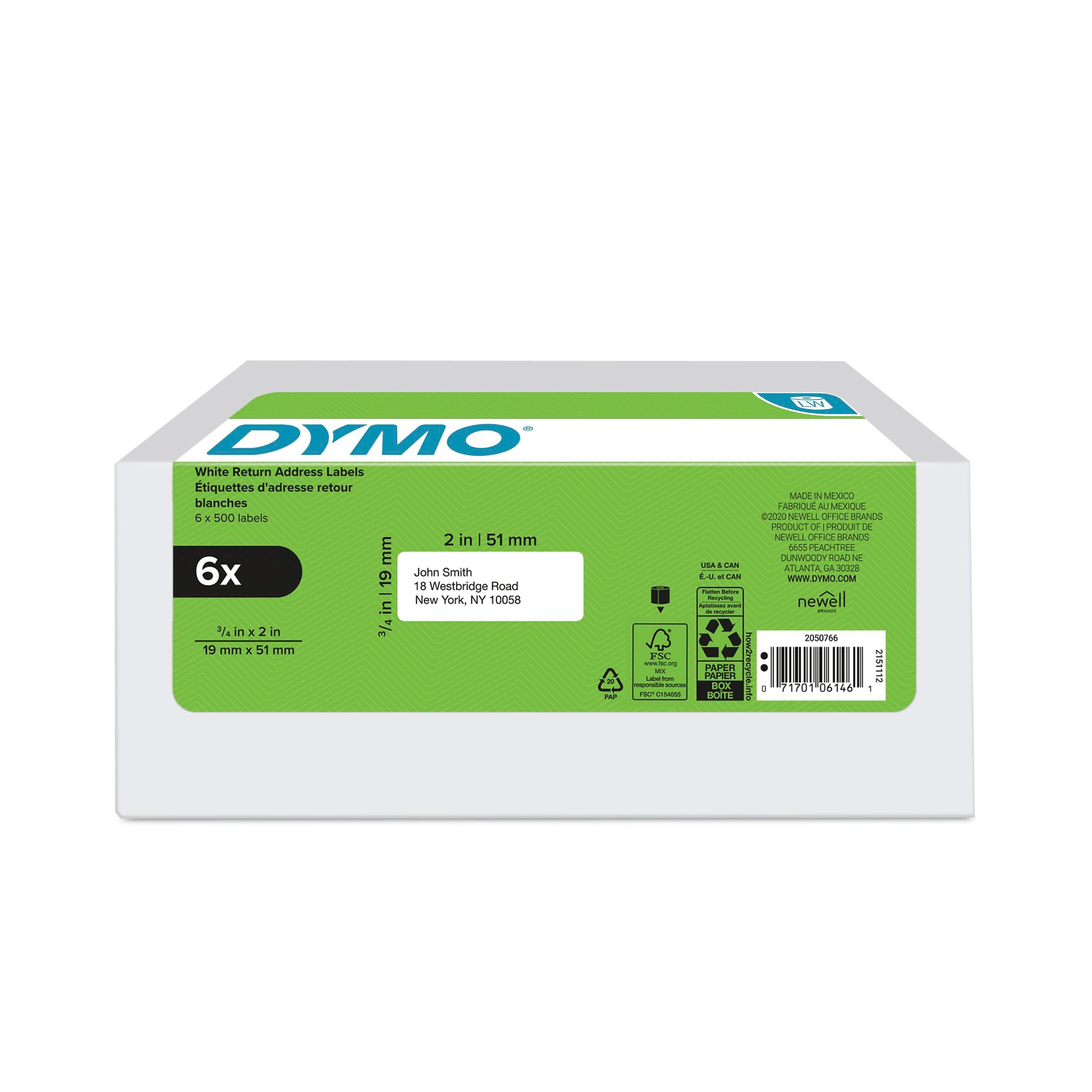 DYMO LabelWriter 2050766 Return Address Labels, 2" x 3/4", Black on White, 500 Labels/Roll, 6 Rolls/Box (2050766)