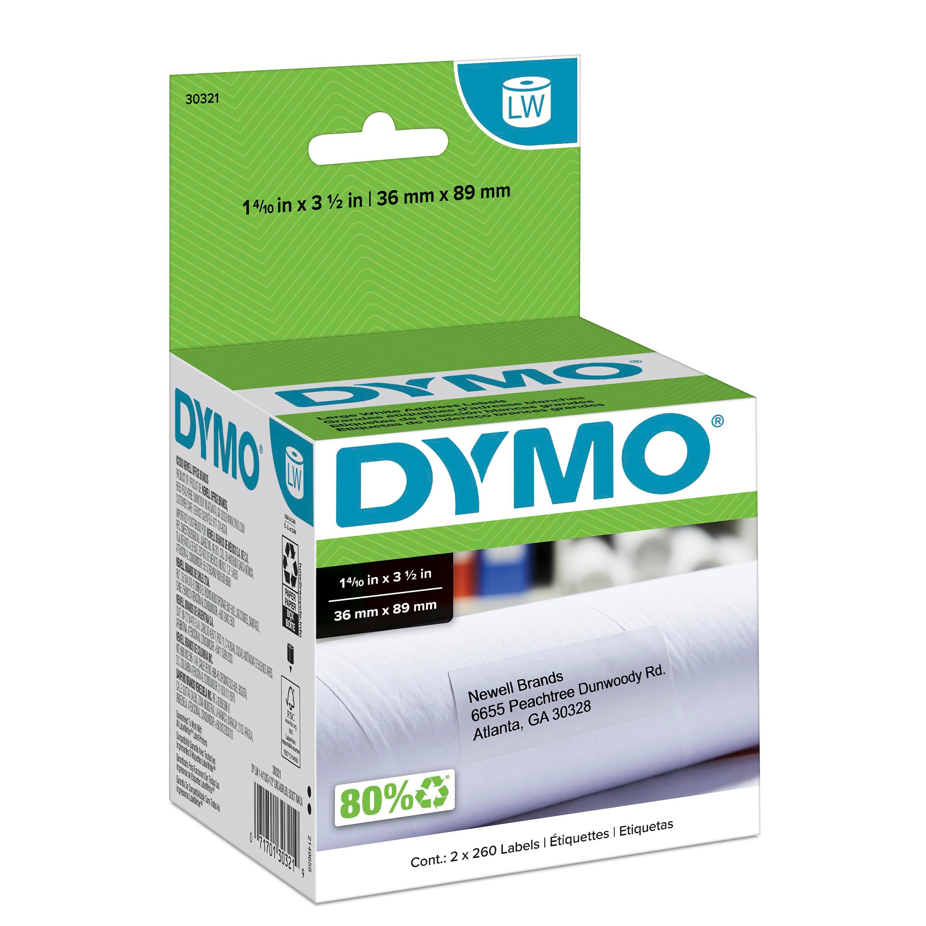 DYMO LabelWriter 30321 Large Mailing Address Labels, 3-1/2" x 1-4/10", Black on White, 260 Labels/Roll, 2 Rolls/Box (30321)