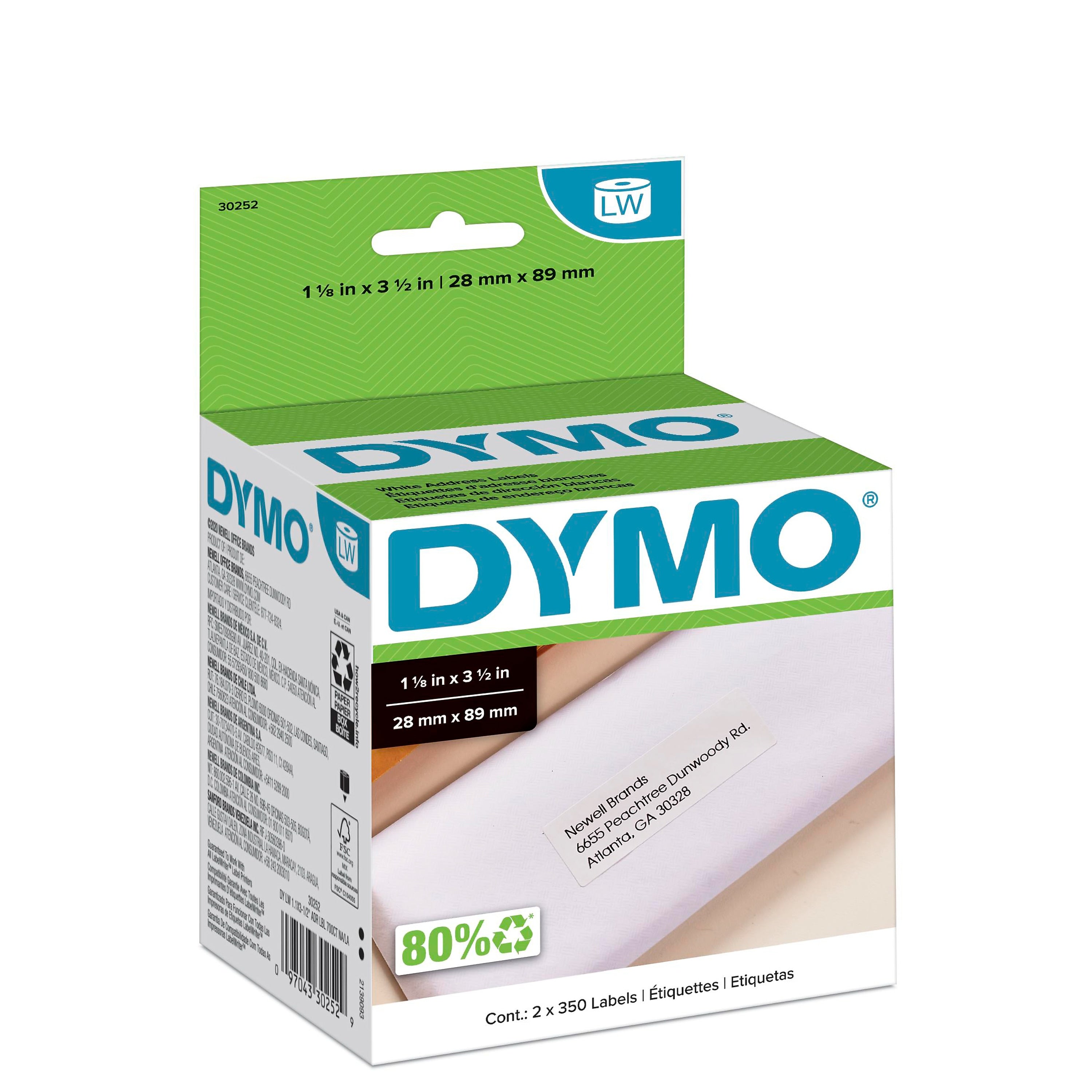 DYMO LabelWriter 30252 Mailing Address Labels, 3-1/2" x 1-1/8", Black on White, 350 Labels/Roll, 2 Rolls/Box (30252)