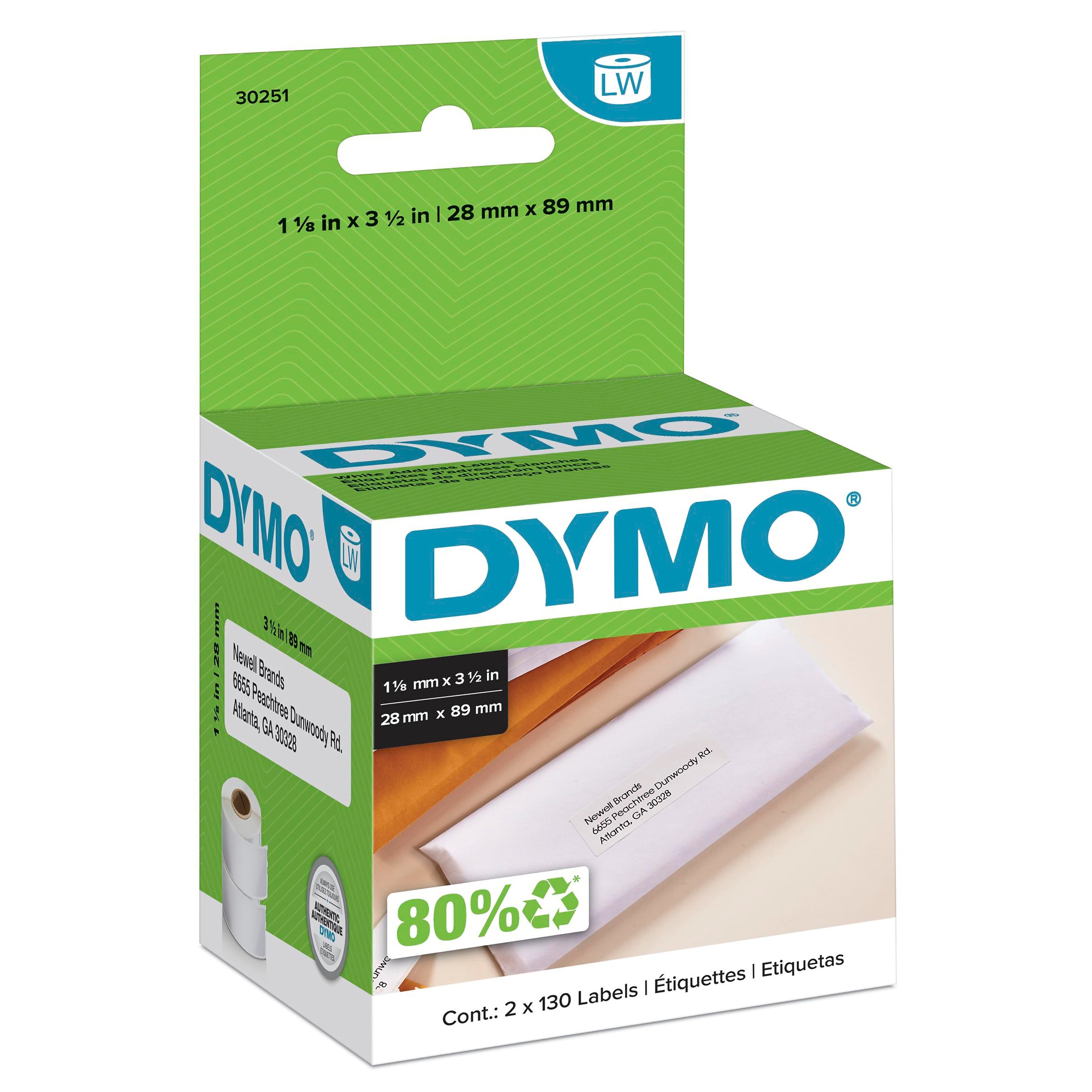 DYMO LabelWriter 30251 Mailing Address Labels, 3-1/2" x 1-1/8", Black on White, 130 Labels/Roll, 2 Rolls/Box (30251)
