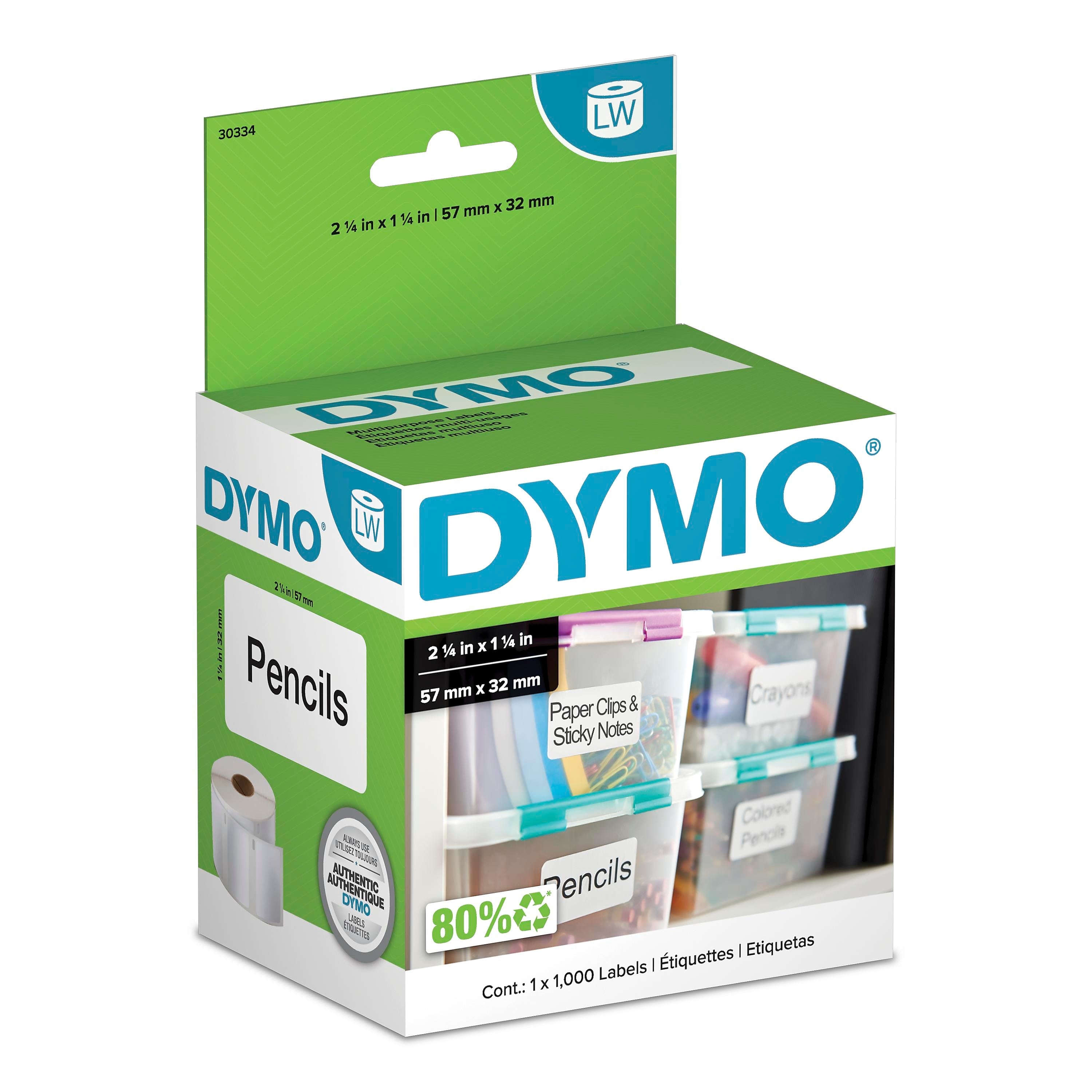DYMO LabelWriter 30334 Multi-Purpose Labels, 2-1/4" x 1-1/4", Black on White, 1000 Labels/Roll (30334)