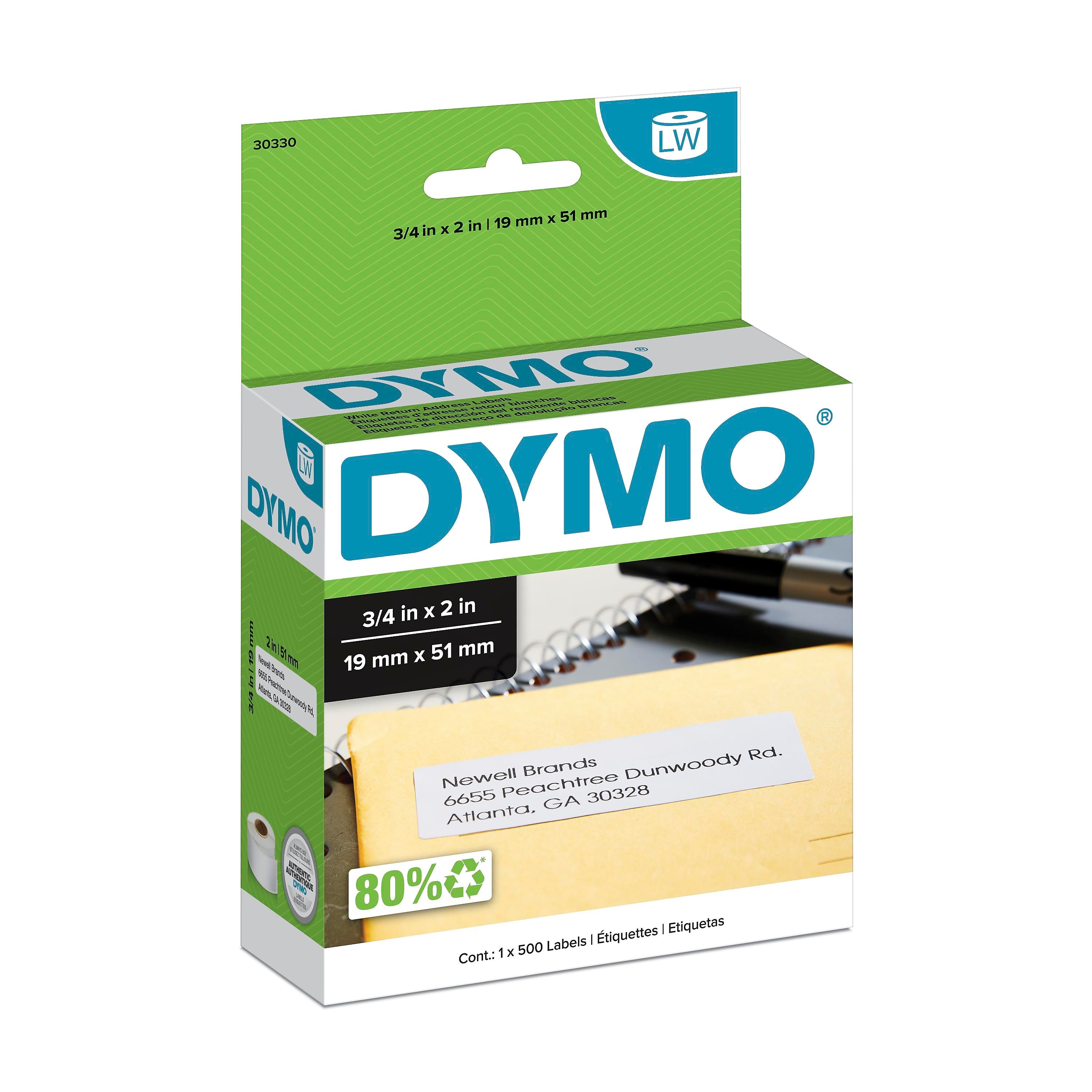 DYMO LabelWriter 30330 Return Address Labels, 2" x 3/4", Black on White, 500 Labels/Roll (30330)