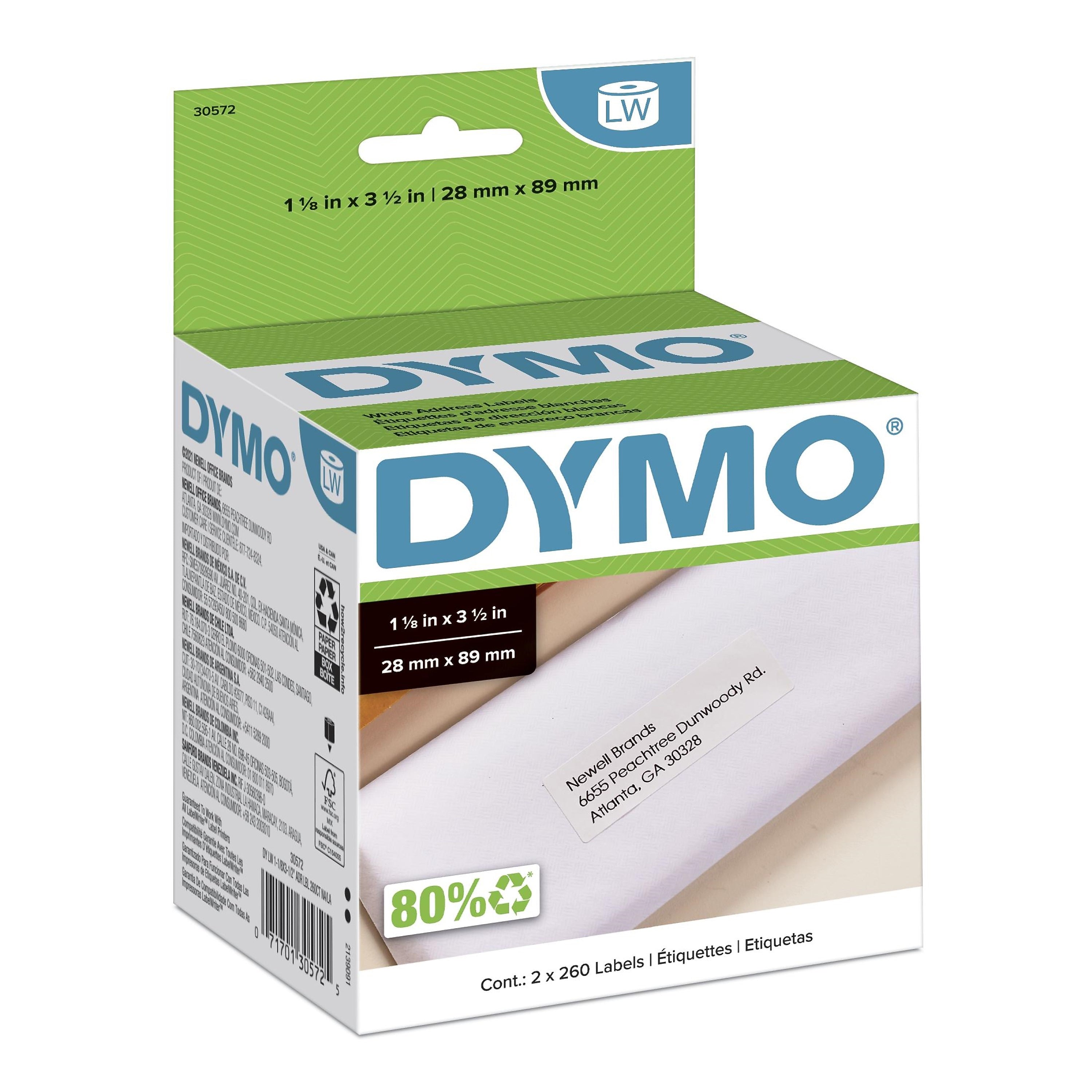 DYMO LabelWriter 30572 Mailing Address Labels, 3-1/2" x 1-1/8", Black on White, 260 Labels/Roll, 2 Rolls/Each (30572)