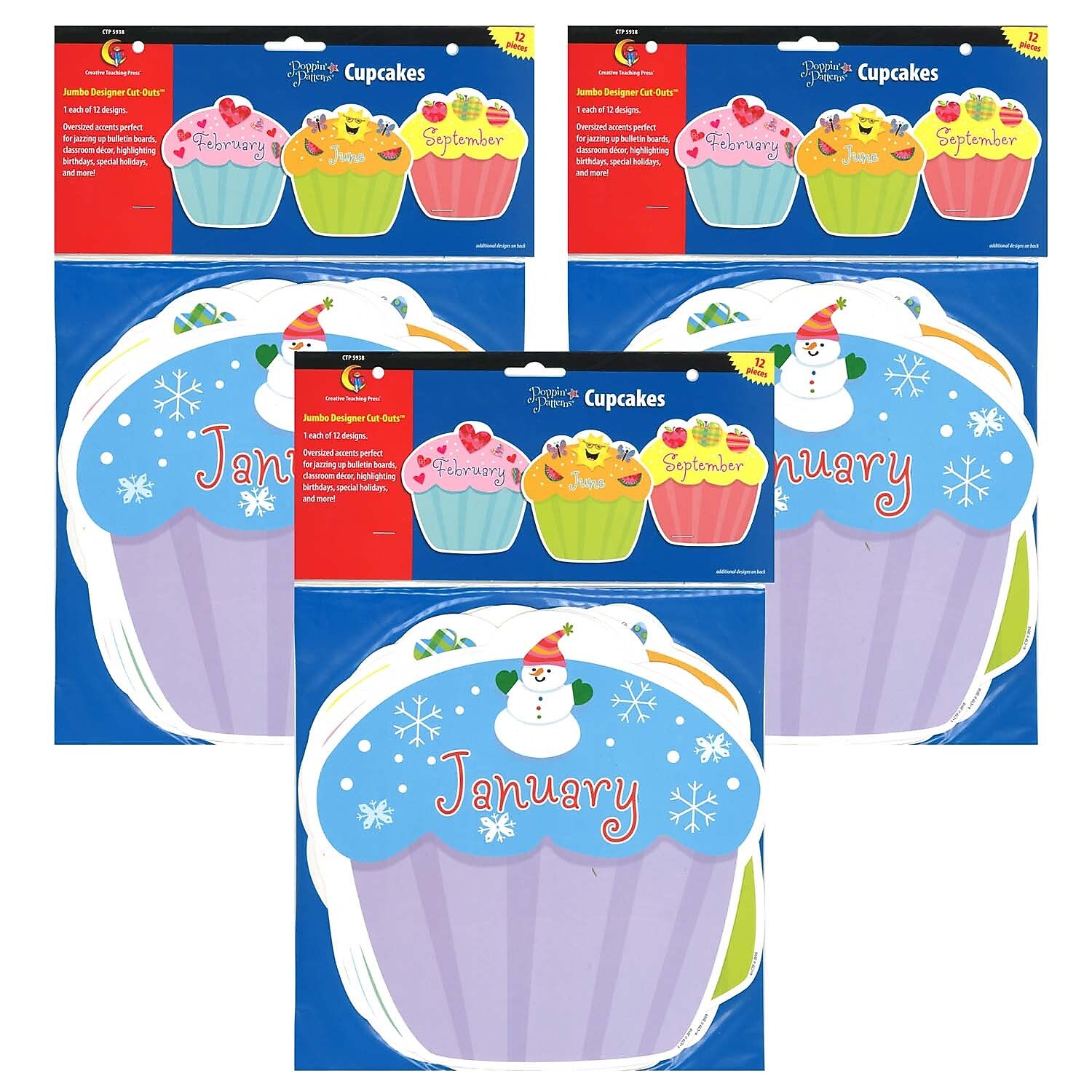 Creative Teaching Press Designer Cut-Outs, Month Cupcakes, 10", 12 Per Pack, 3 Packs (CTP5938-3)