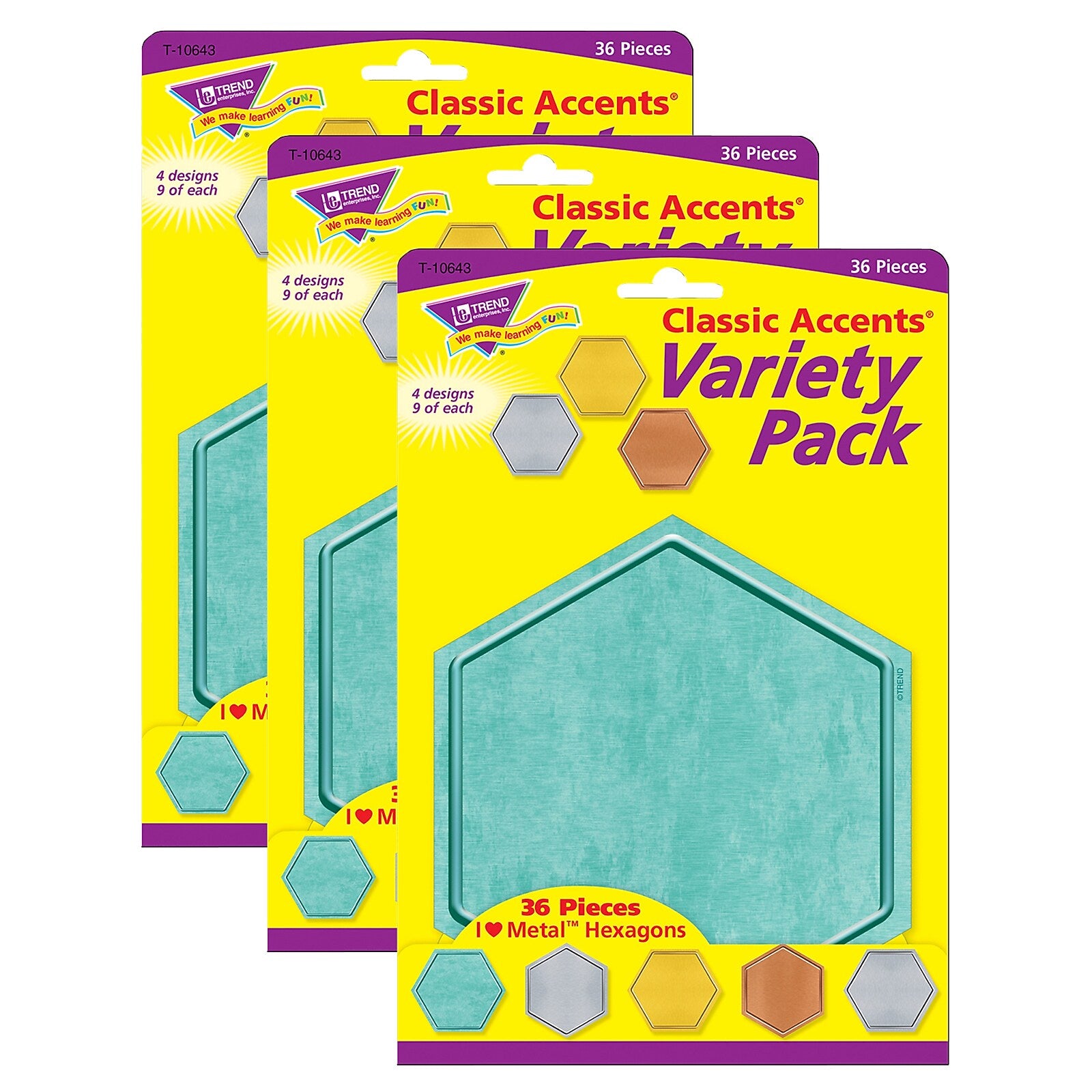 TREND I ♥ Metal™ Hexagons Classic Accents Variety Pack, 36 Per Pack, 3 Packs (T-10643-3)
