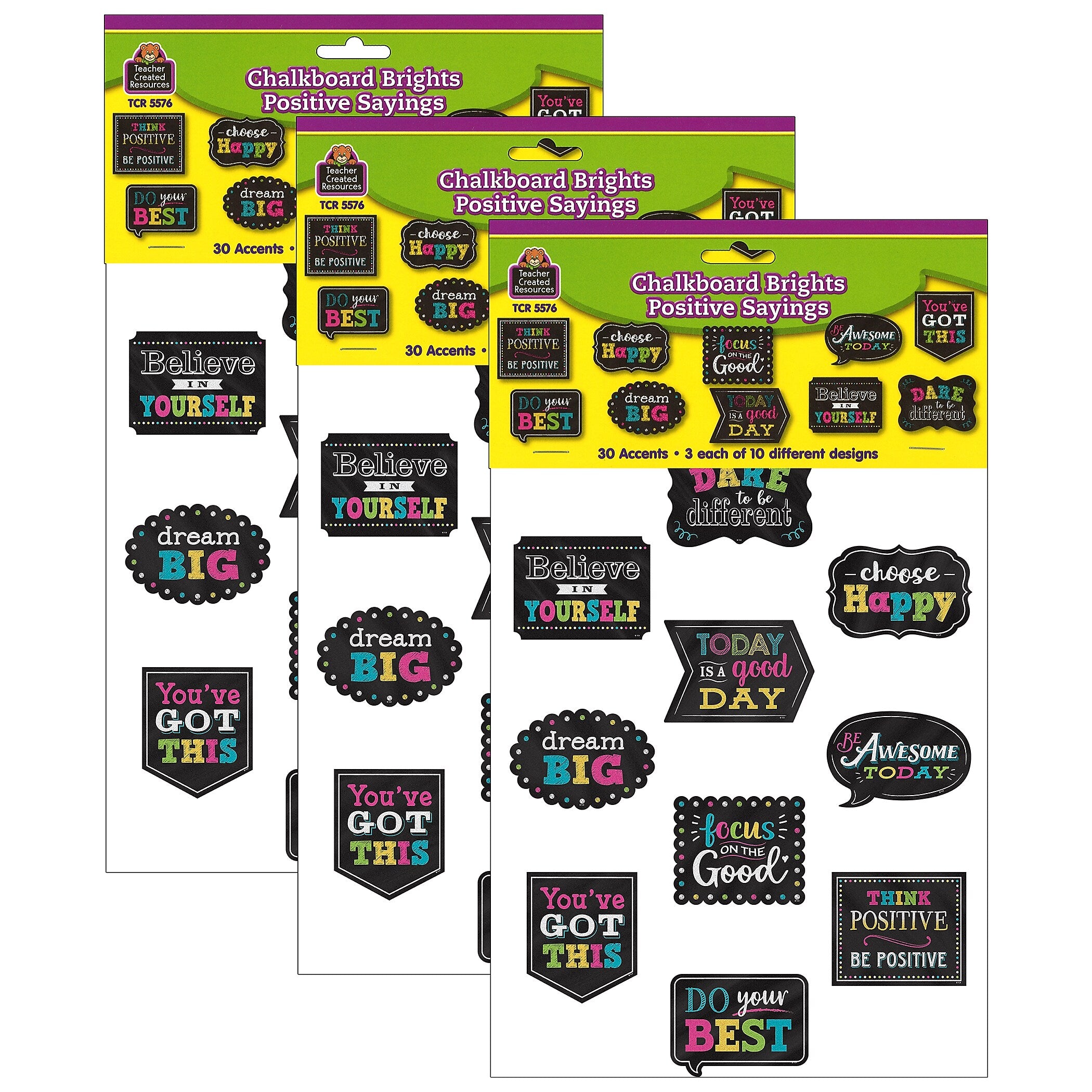 Teacher Created Resources Chalkboard Brights Positive Sayings Accents, 30 Per Pack, 3 Packs (TCR5576-3)