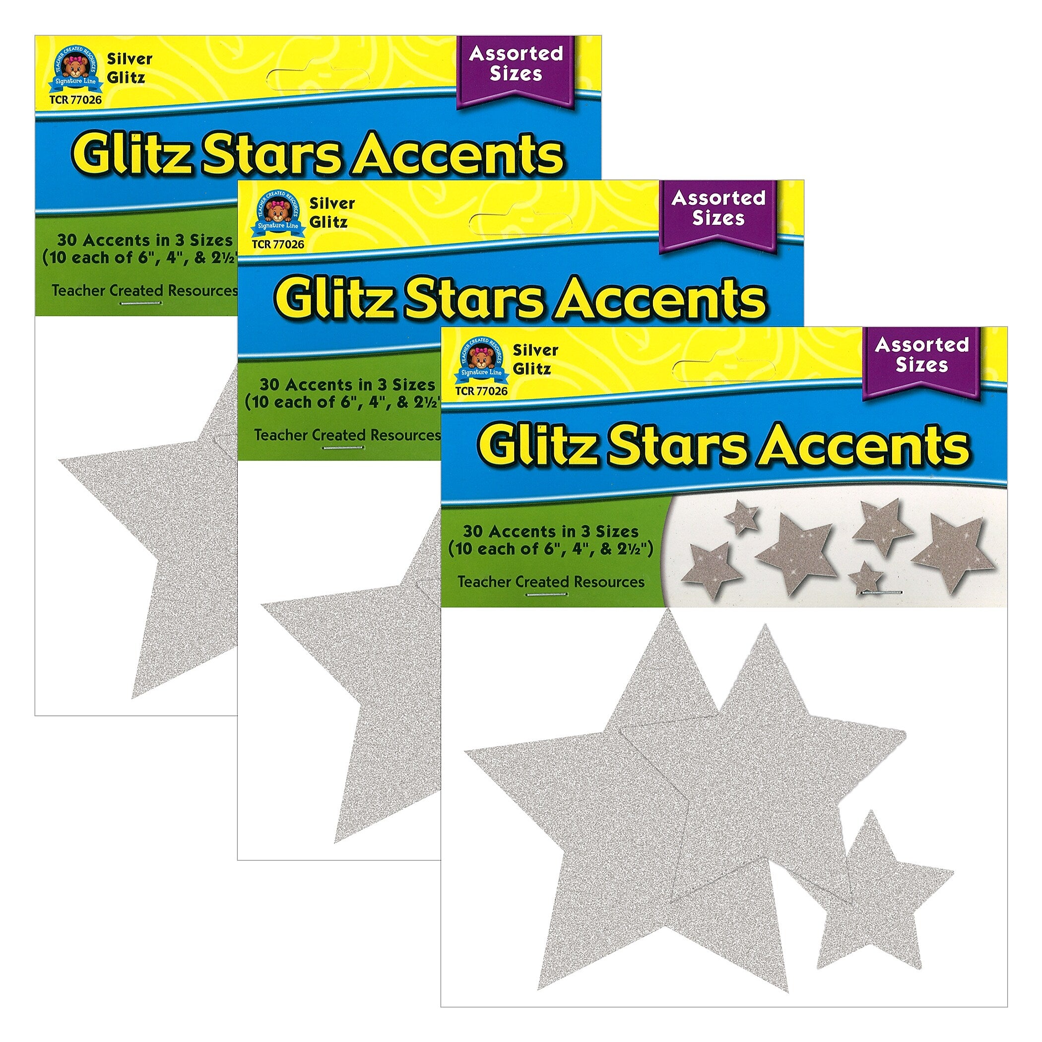Teacher Created Resources Silver Glitz Stars Accents, Assorted Sizes, 30 Per Pack, 3 Packs (TCR77026-3)