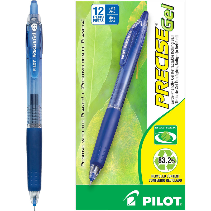 Pilot Precise Gel BeGreen Retractable Gel Pens, Fine Point, Blue Ink, Dozen (15002)