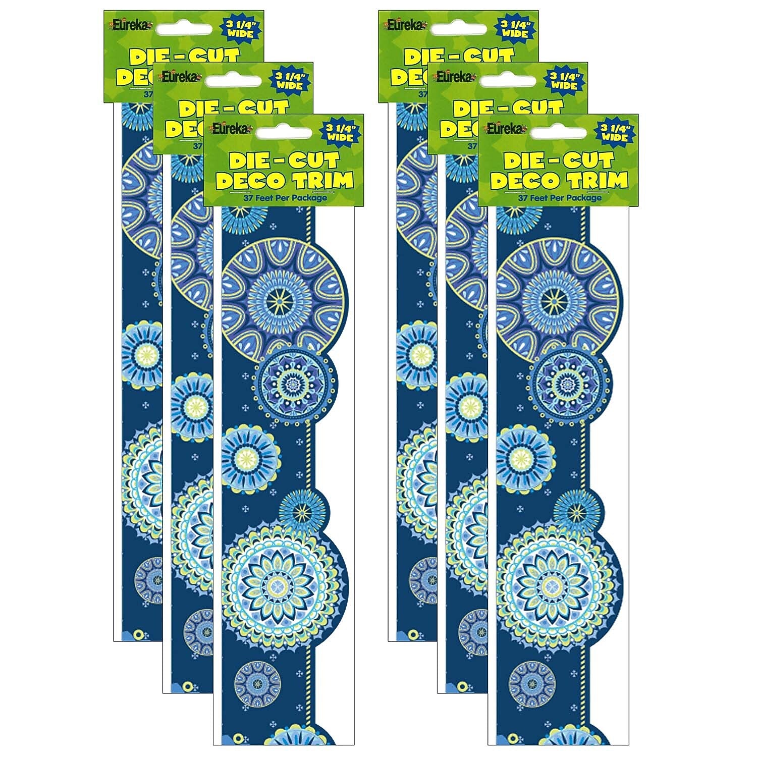 Eureka Blue Harmony Mandala Extra Wide Deco Trim, 37 Feet Per Pack, 6 Packs (EU-845624-6)